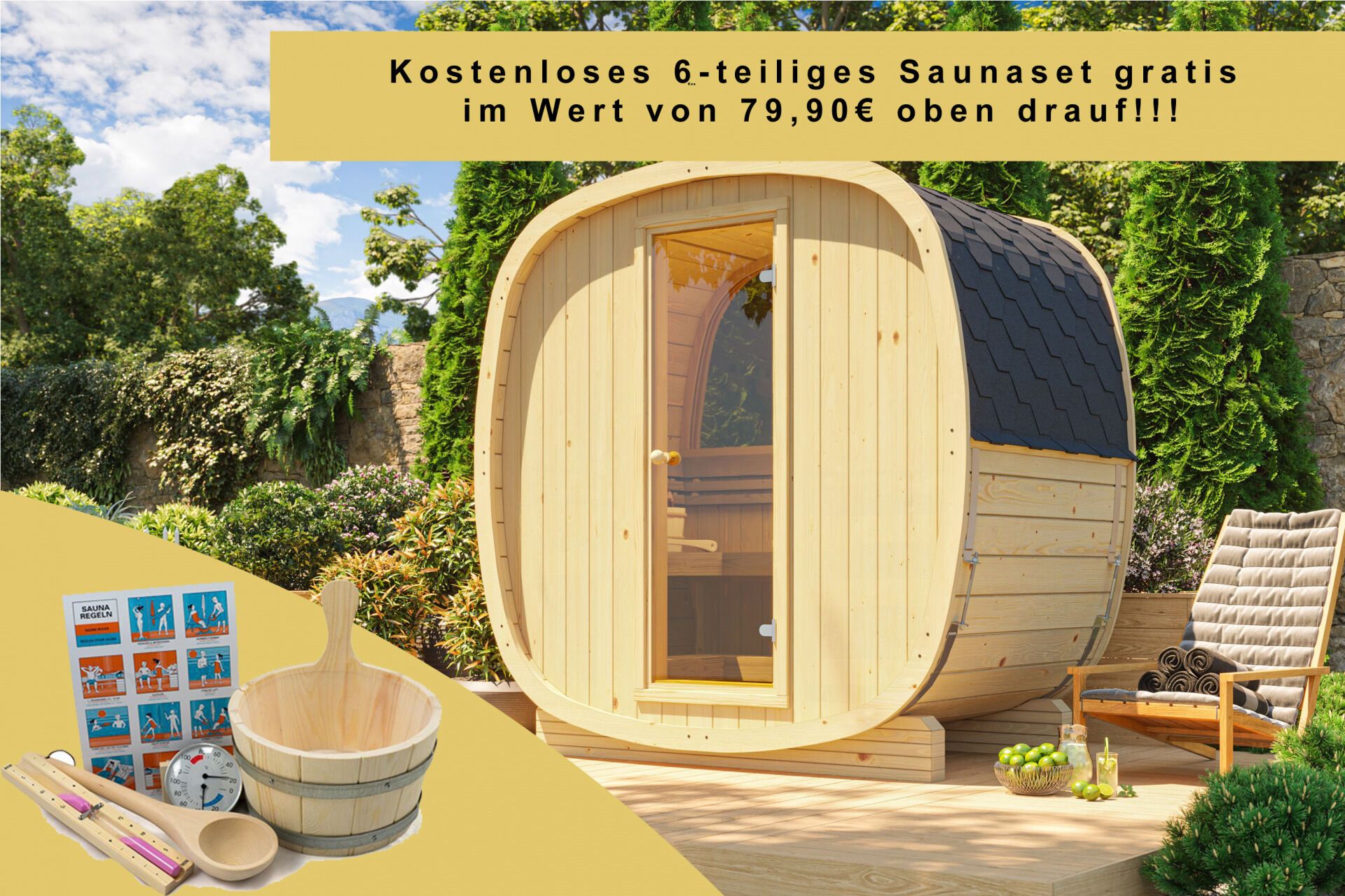 Finn Art Fasssauna Quadro 130 Halbglas Rückwand