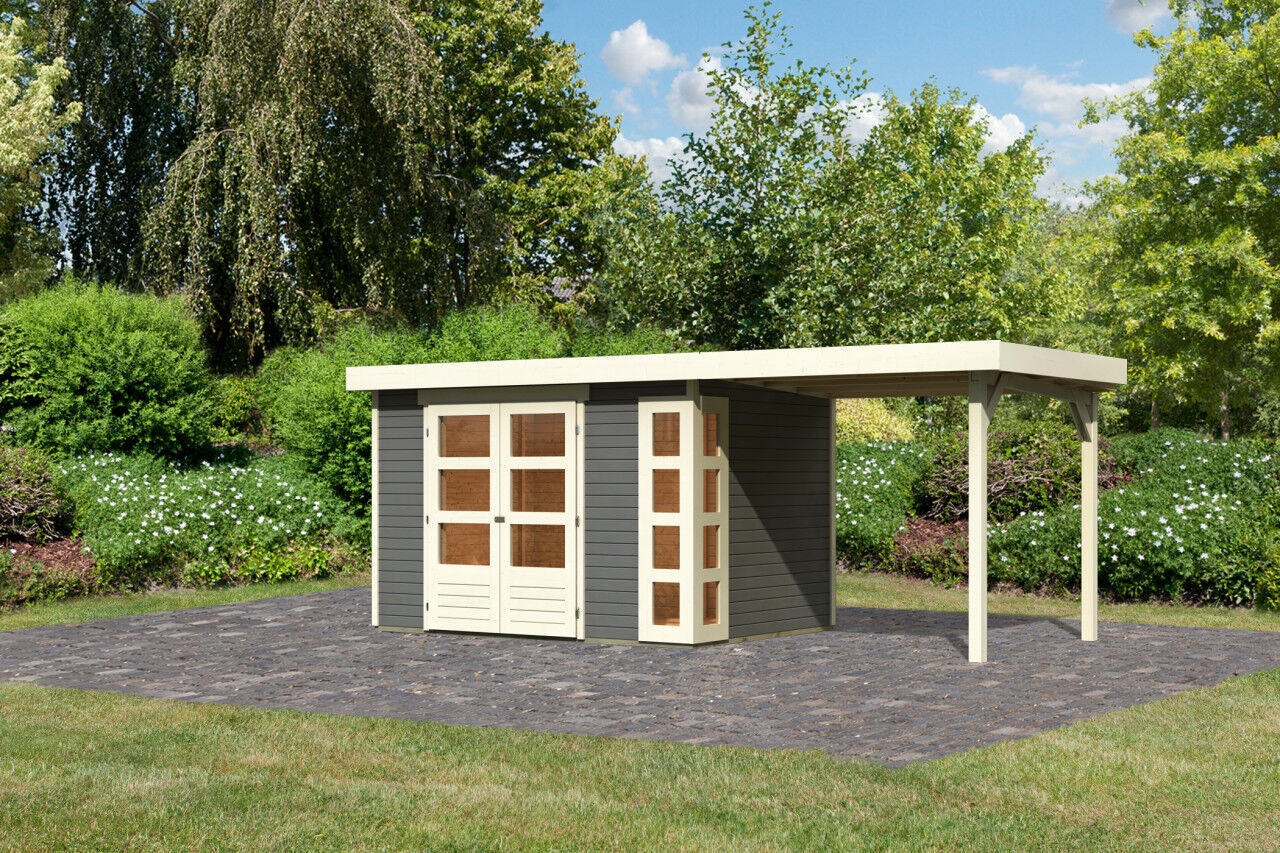 Flachdach Gartenhaus Kerko 4 im Set mit Anbaudach 2,40 m terragrau