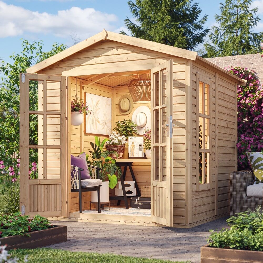 Gartenhaus Martin M351FB frontale und seitliche Ansicht rechts mit Ambiente