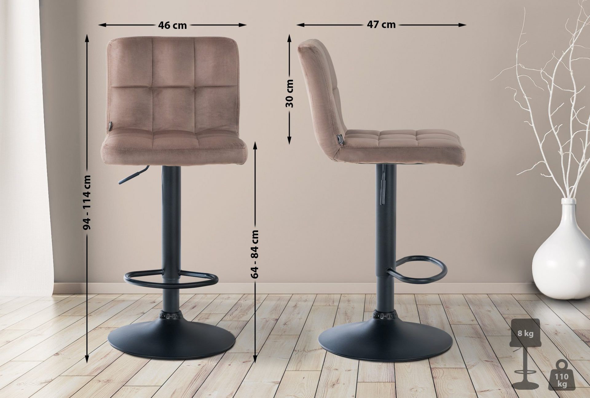 2er Set Barhocker Peru Samt schwarz, braun