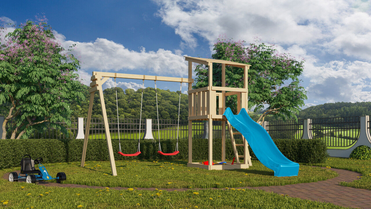 Spielturm Anna SET natur mit Doppelschaukelanbau und Rutsche blau