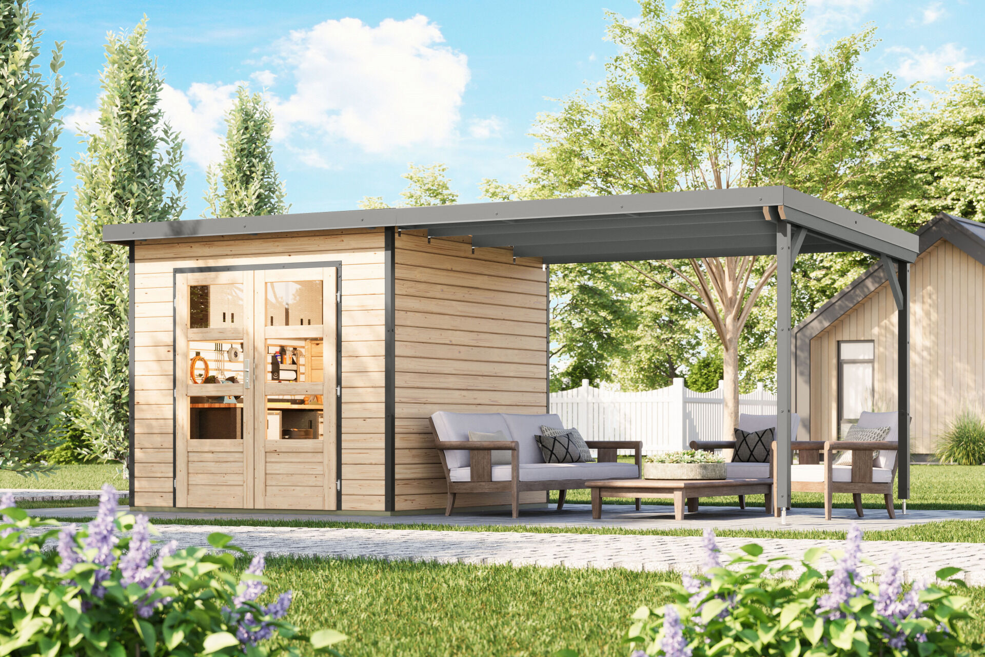 Karibu Pultdach Holz & Metall Gartenhaus Pluto 3 Set mit Anbaudach 3,07 m