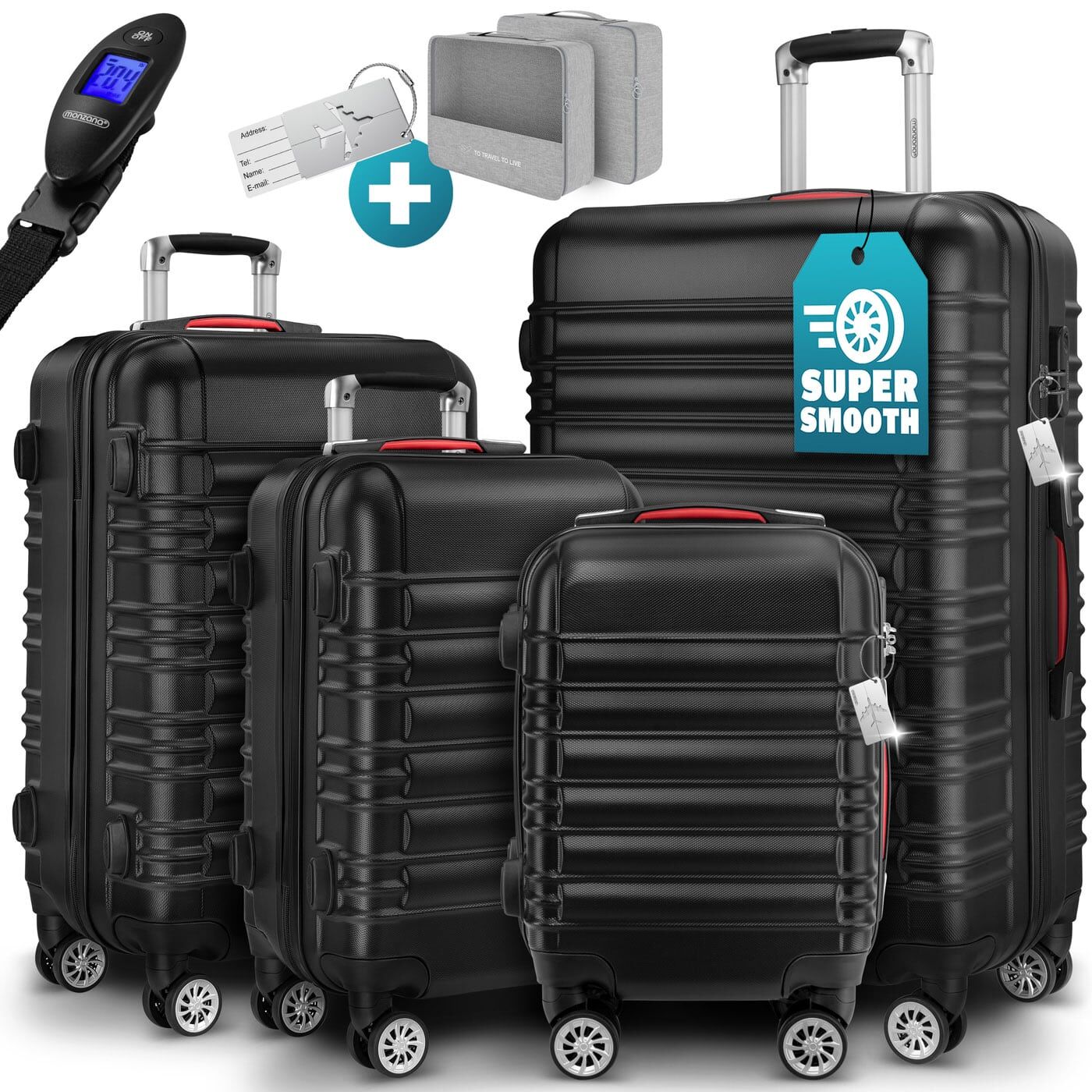 Hartschalenkoffer Set 4-tlg mit Zubehör Rollen 360º Schwarz ABS
