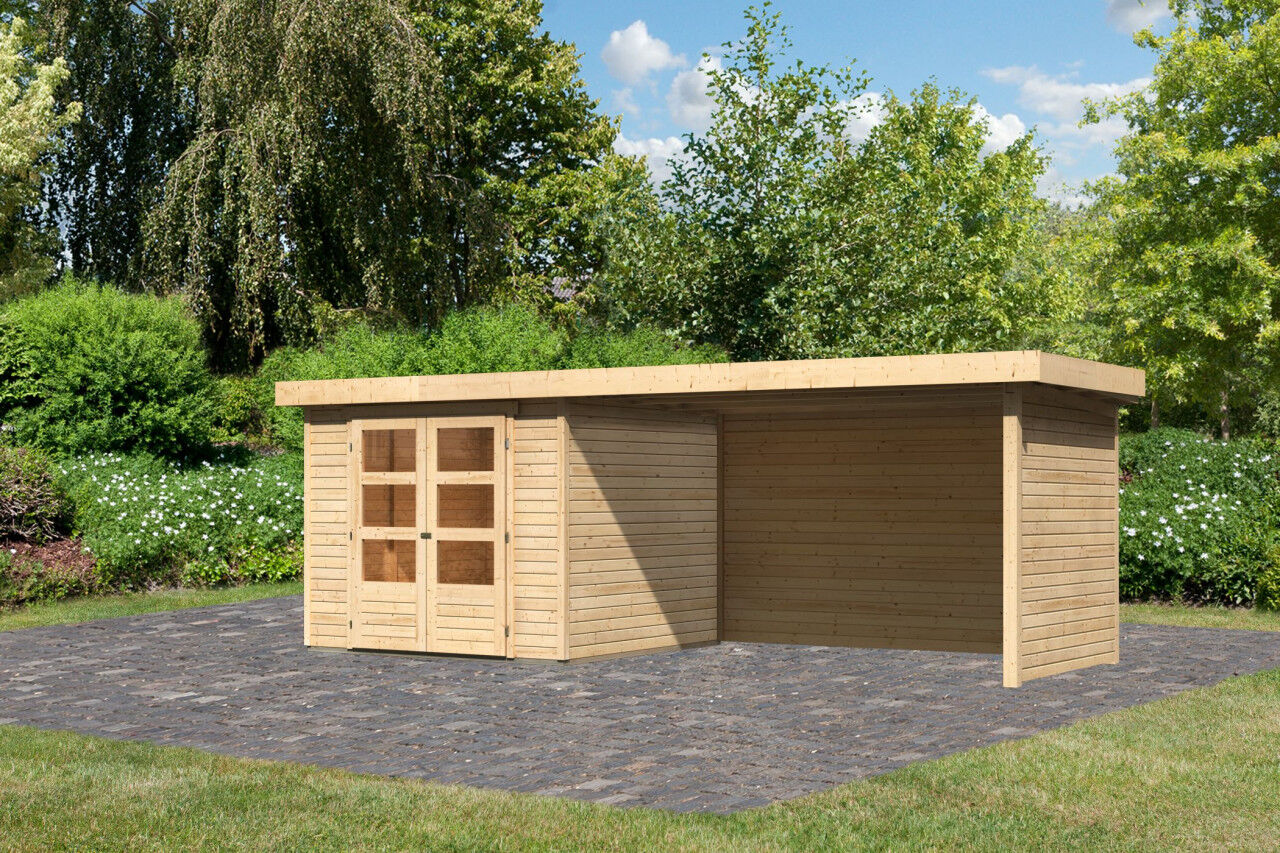 Flachdach Gartenhaus Askola 3,5 im Set mit Anbaudach 2,80 m und 19 mm Seiten- Rückwand natur