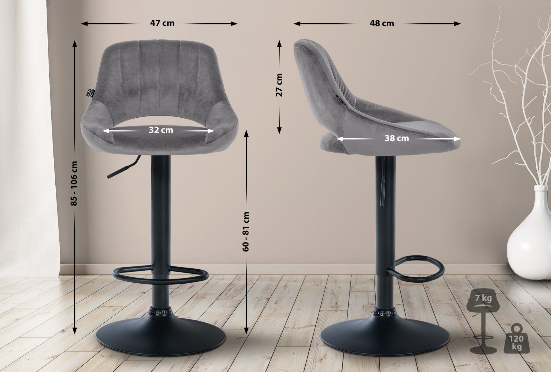 2er Set Barhocker Milet Samt B, dunkelgrau