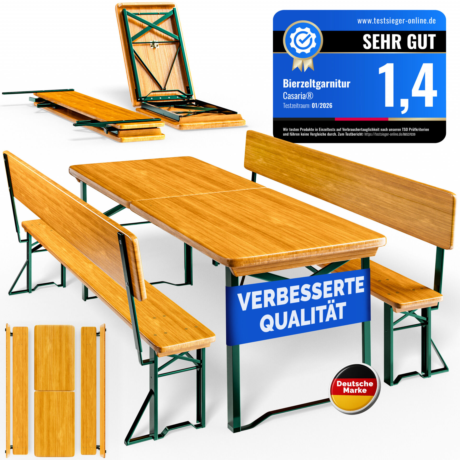 Bierzeltgarnitur mit Lehne Modell 2026 170 cm Stabil Hohe Belastbarkeit Klappbar Holz für 8 Personen Festzeltgarnitur