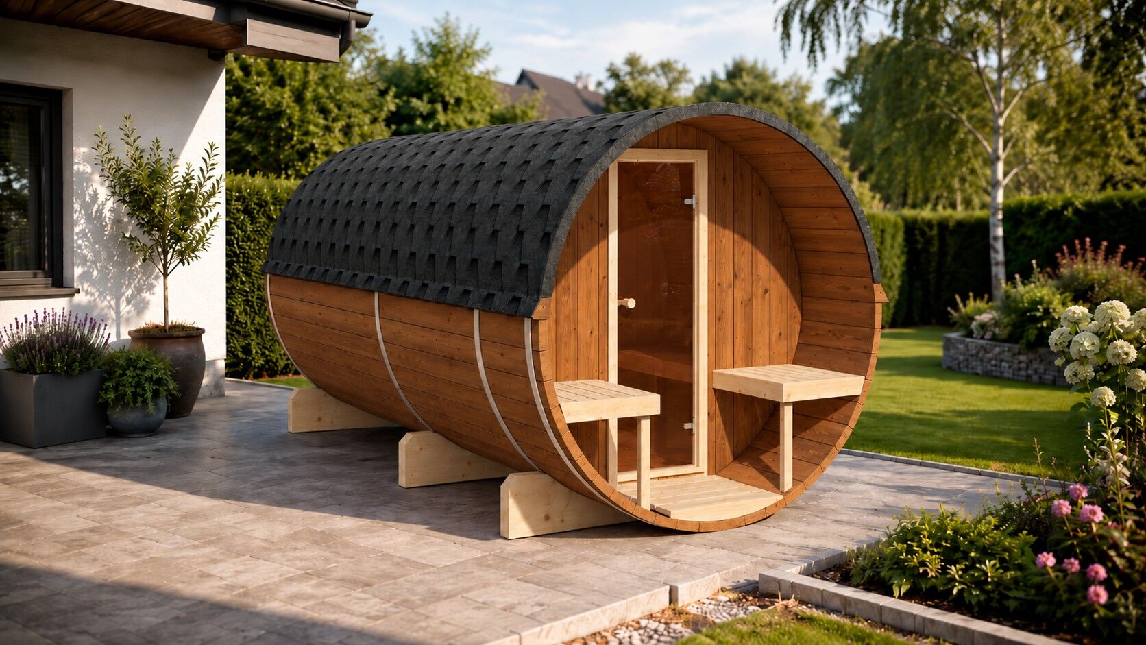 SPANOVA Fasssauna Jori – 400 cm mit Vorraum & Terrasse, Fichte
