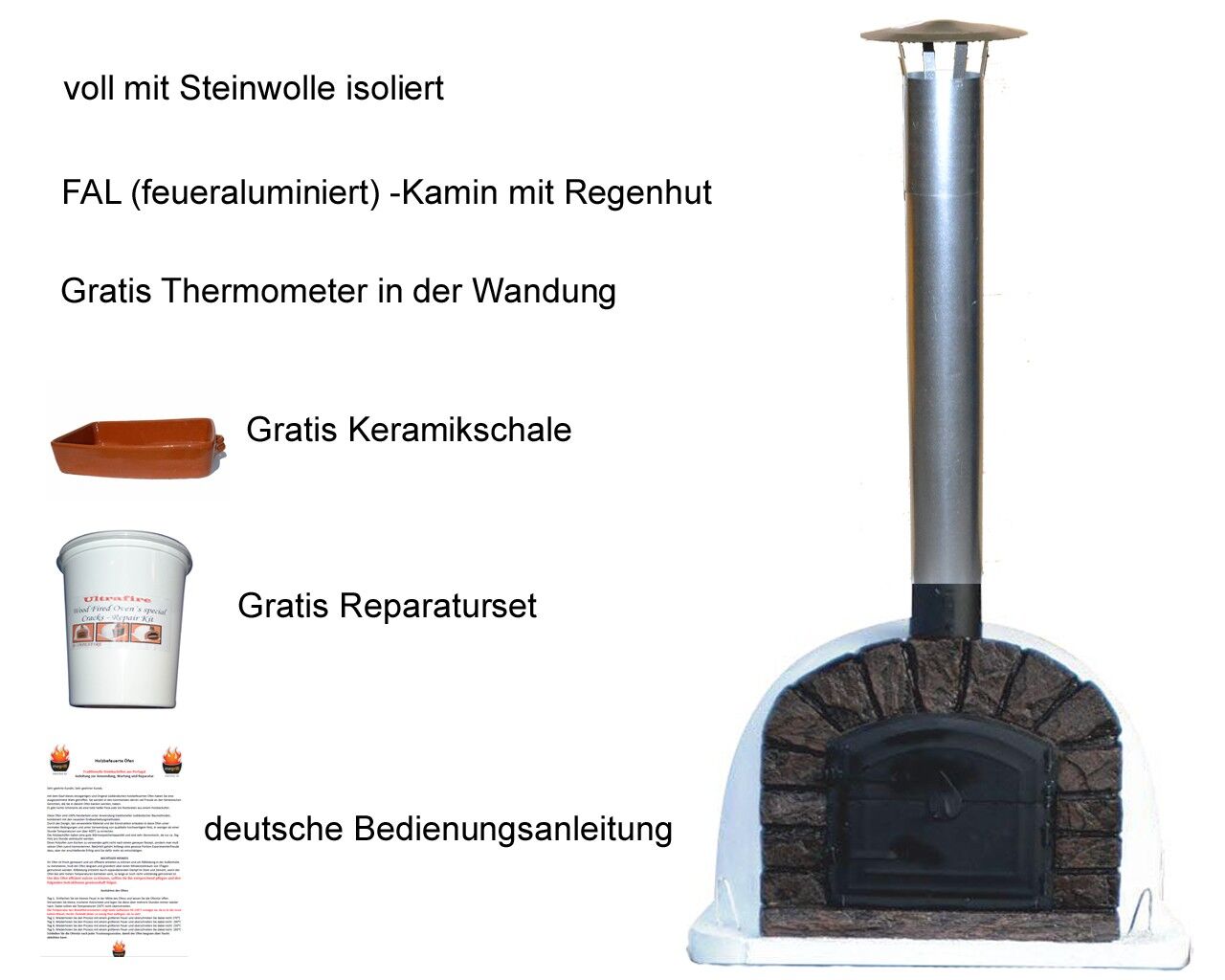 Pizzaofen Famosi 100 inkl. Kaminrohr und Regenhut aus Feueraluminium, weiß, ohne Abdeckhaube, ohne Ofenzubehör, ohne Zubehörset, ohne Grillzubehör, ohne fahrbares Gestell