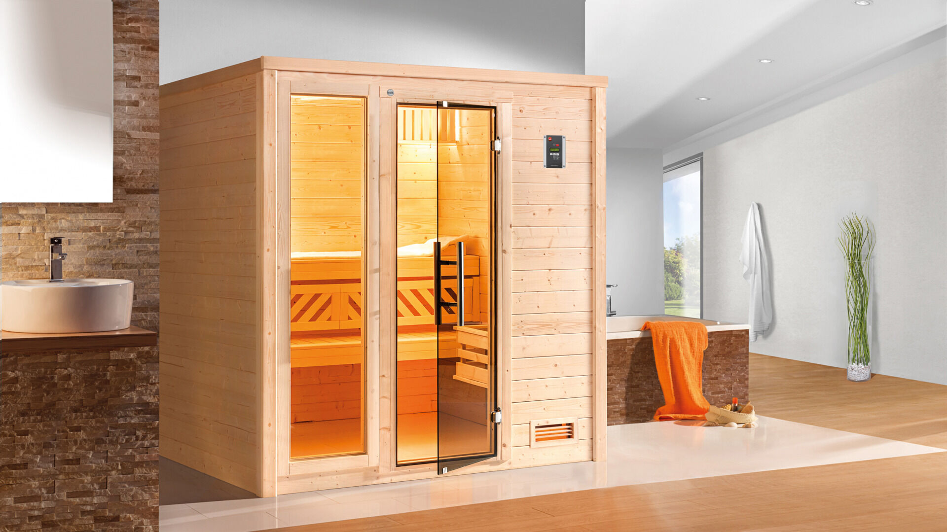 weka Premium-Massivholzsauna 45 mm BERGEN 2F, ohne Ofen, ohne Beleuchtung