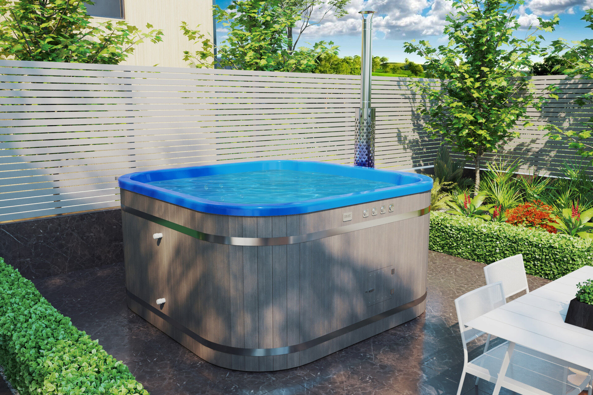 Badefass Prestige Quadratisch WPC mit blauem Einsatz und integriertem Ofen auf Terrasse, Filteranschlüsse auf der Rückseite