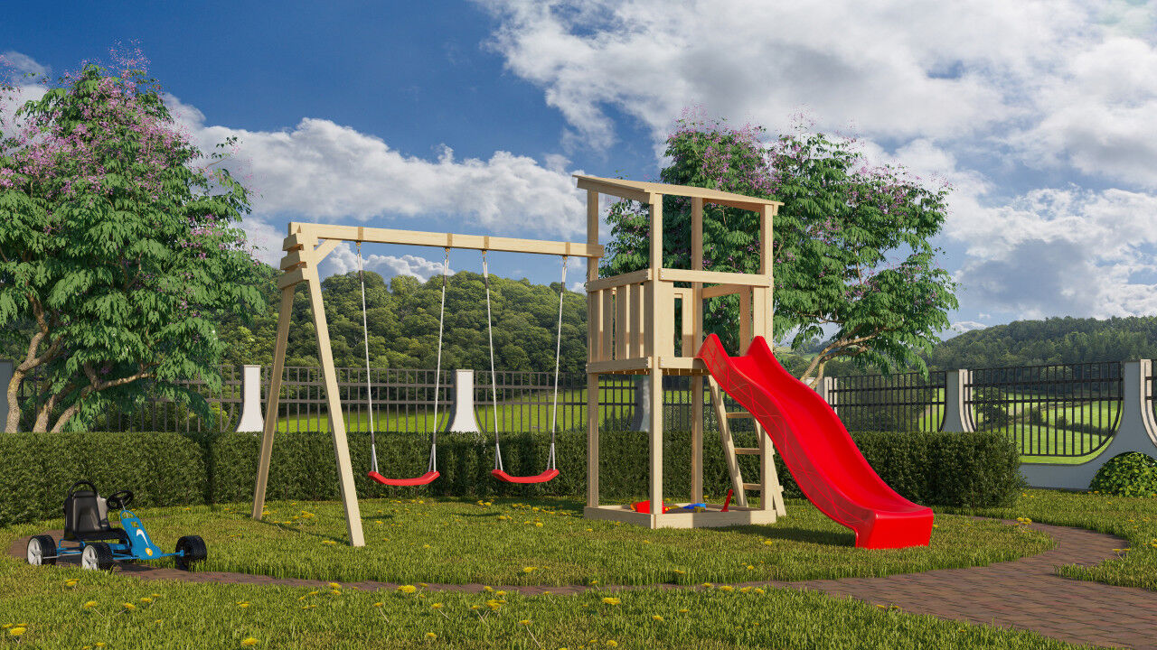Spielturm Anna SET natur mit Doppelschaukelanbau und Rutsche rot
