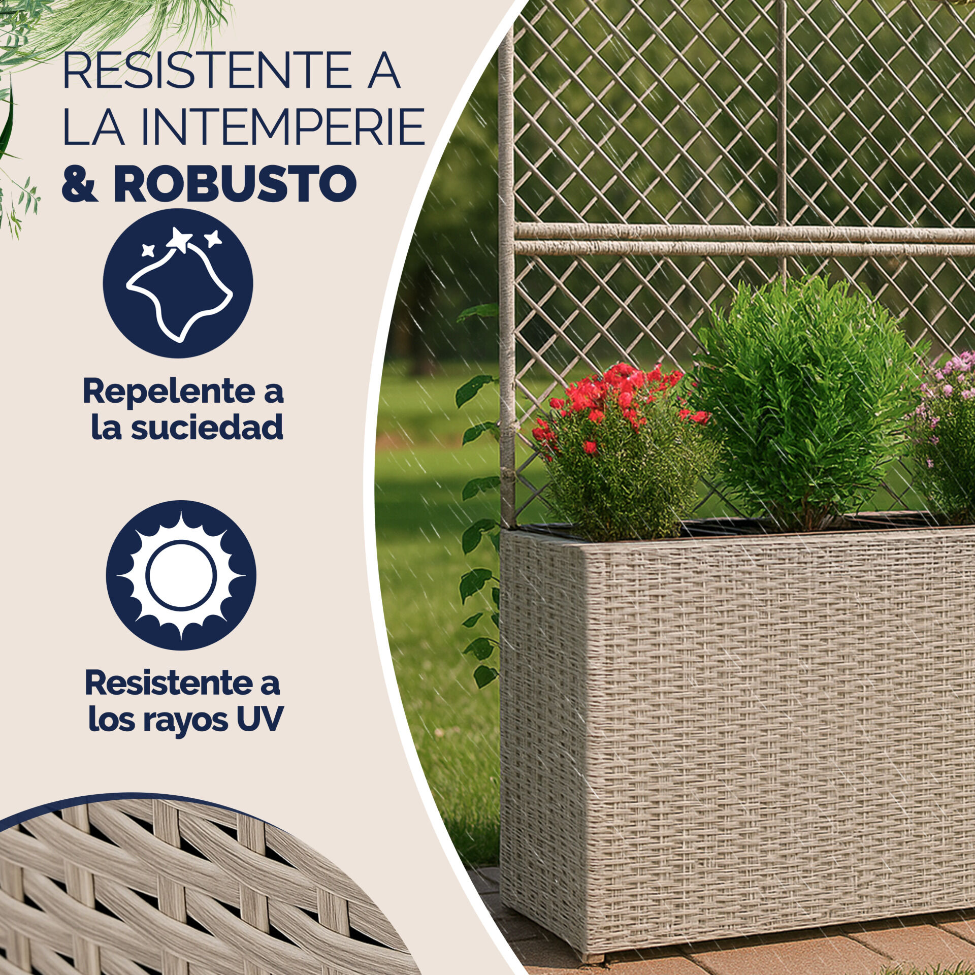 Polyrattan Blumenkasten mit Rankgitter Creme