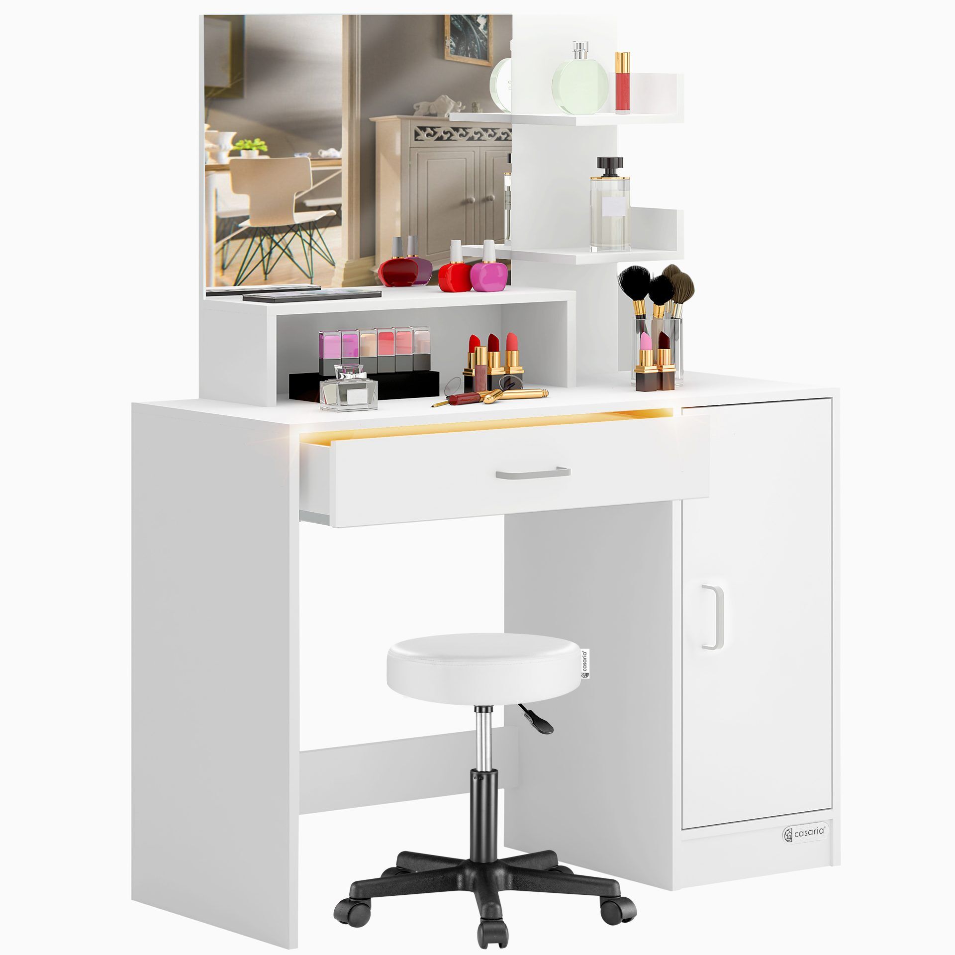 Schminktisch Jocelyn Weiß 140x90x40cm inkl Rollhocker