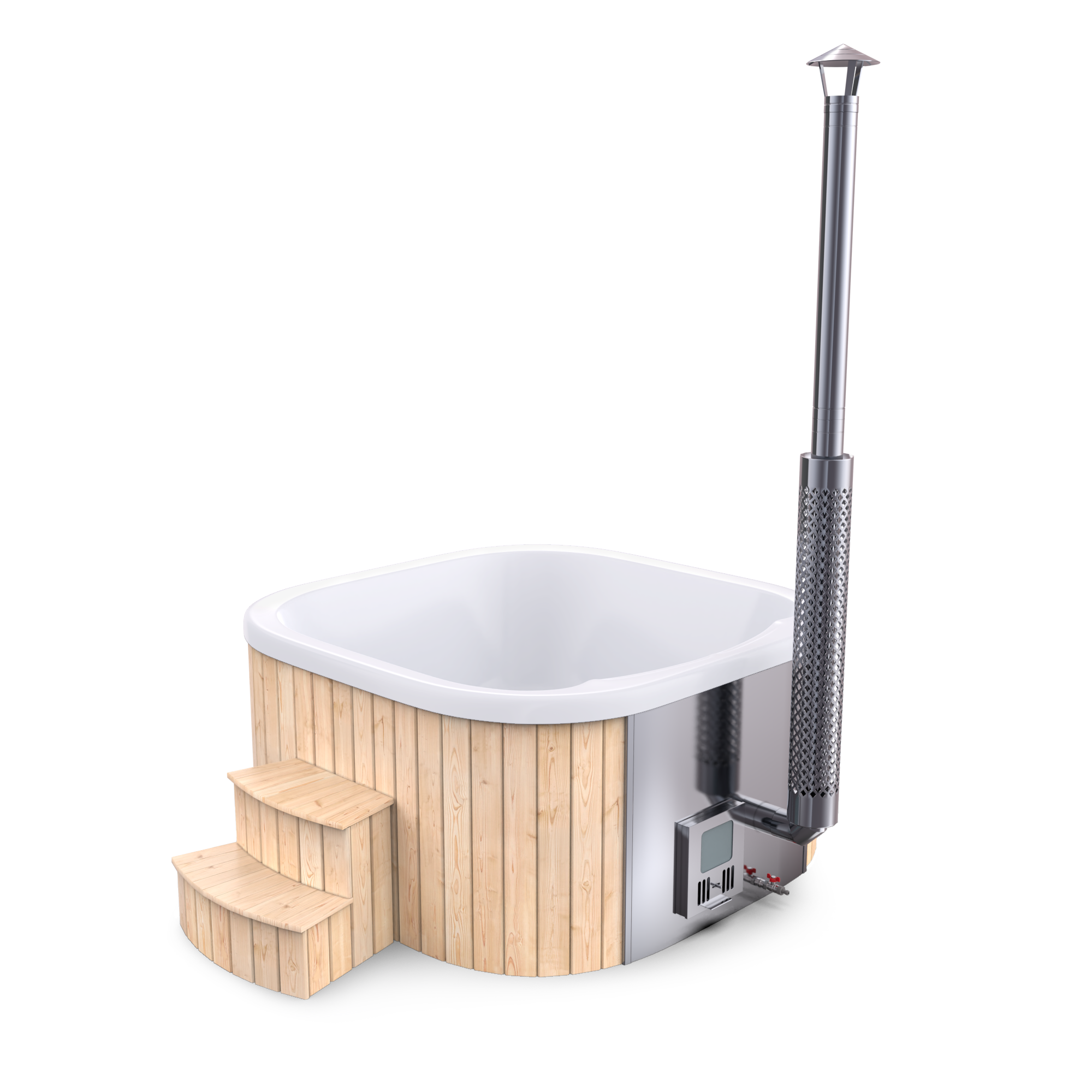 SPANOVA Hottub Quadratisch 200 Fichte – Premium Badefass mit integriertem Holz Ofen & Acryl-Einsatz freigestellt