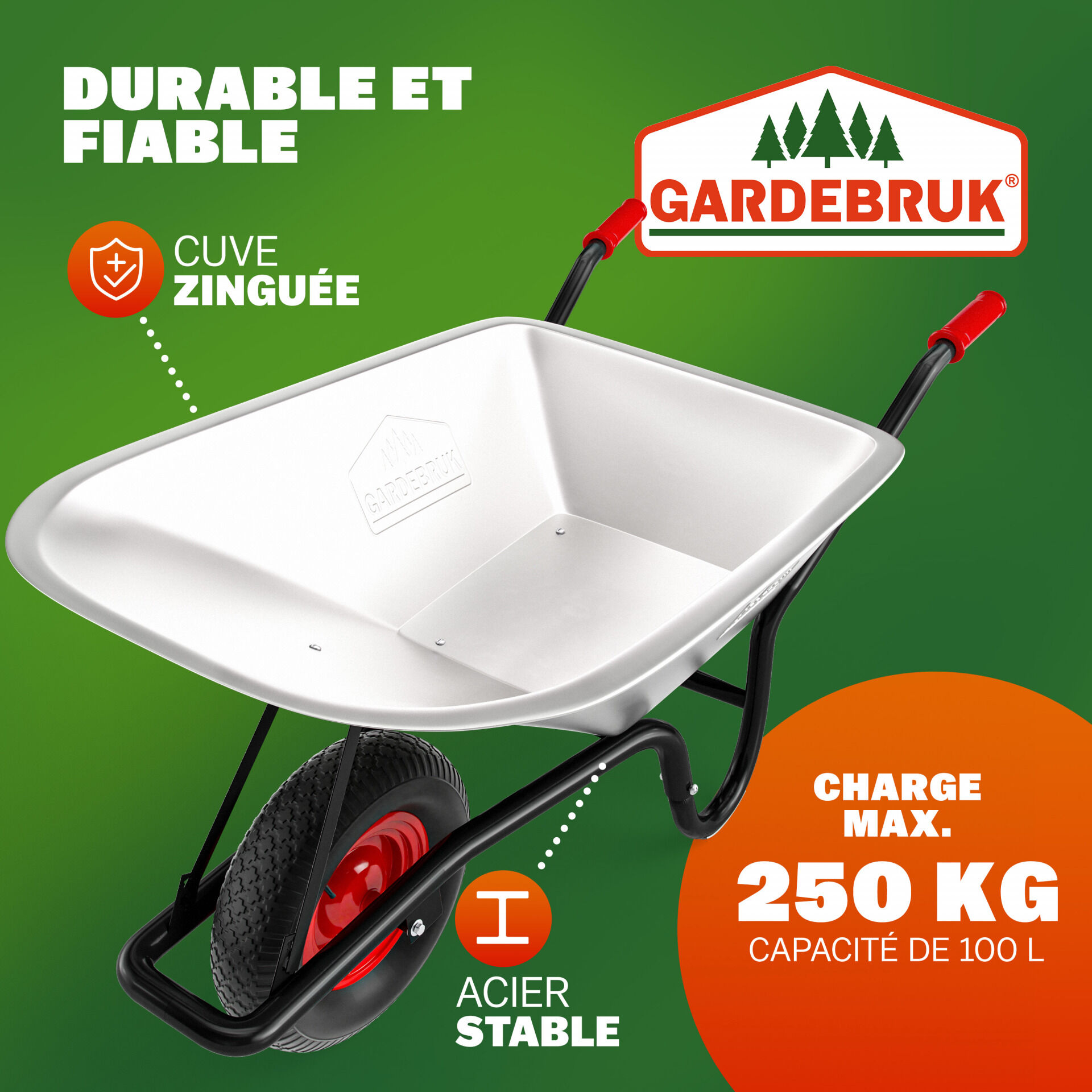 Schubkarre verzinkt 250kg Tragkraft 100L Luftreifen Ø39cm