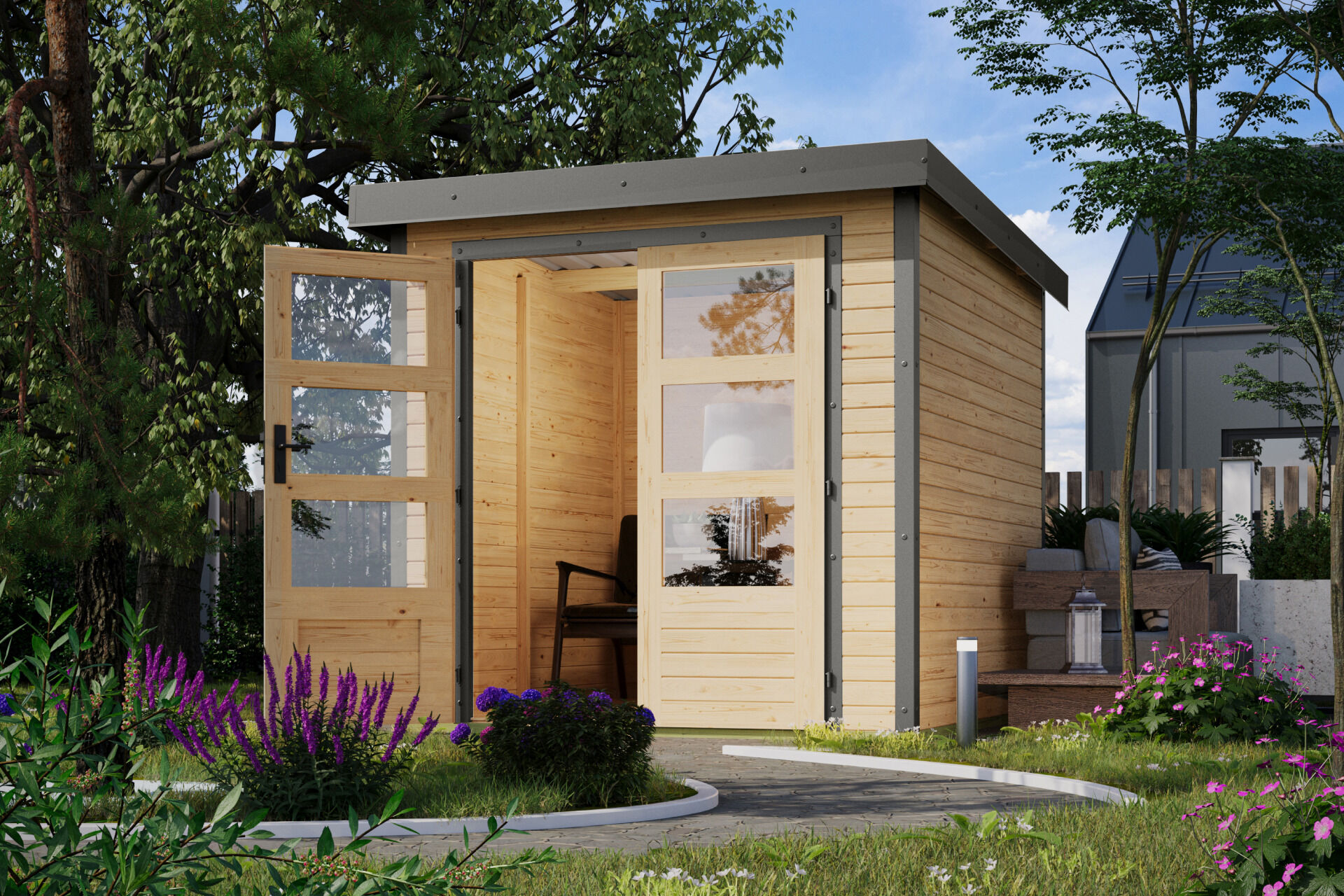 Karibu Pultdach Holz & Metall Gartenhaus Jupiter 2, naturbelassen / graualuminium