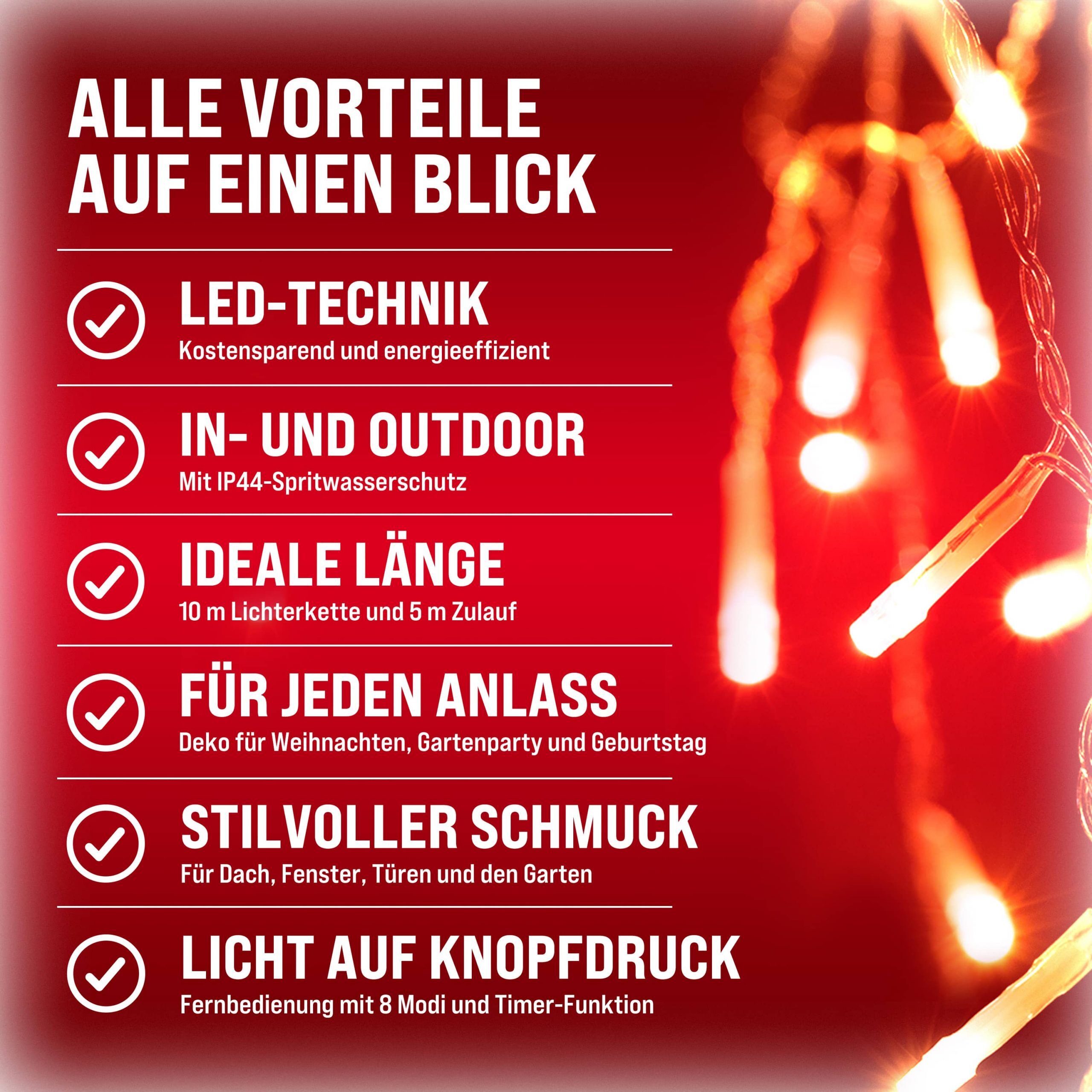 Regenlichterkette LED Warmweiß 15m Fernbedienung