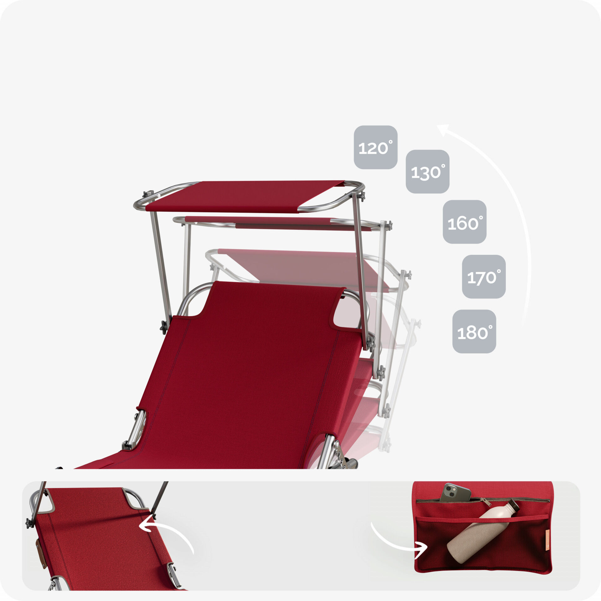 Gartenliege Ibiza Rubinrot 190x59x29cm Alu Sonnendach