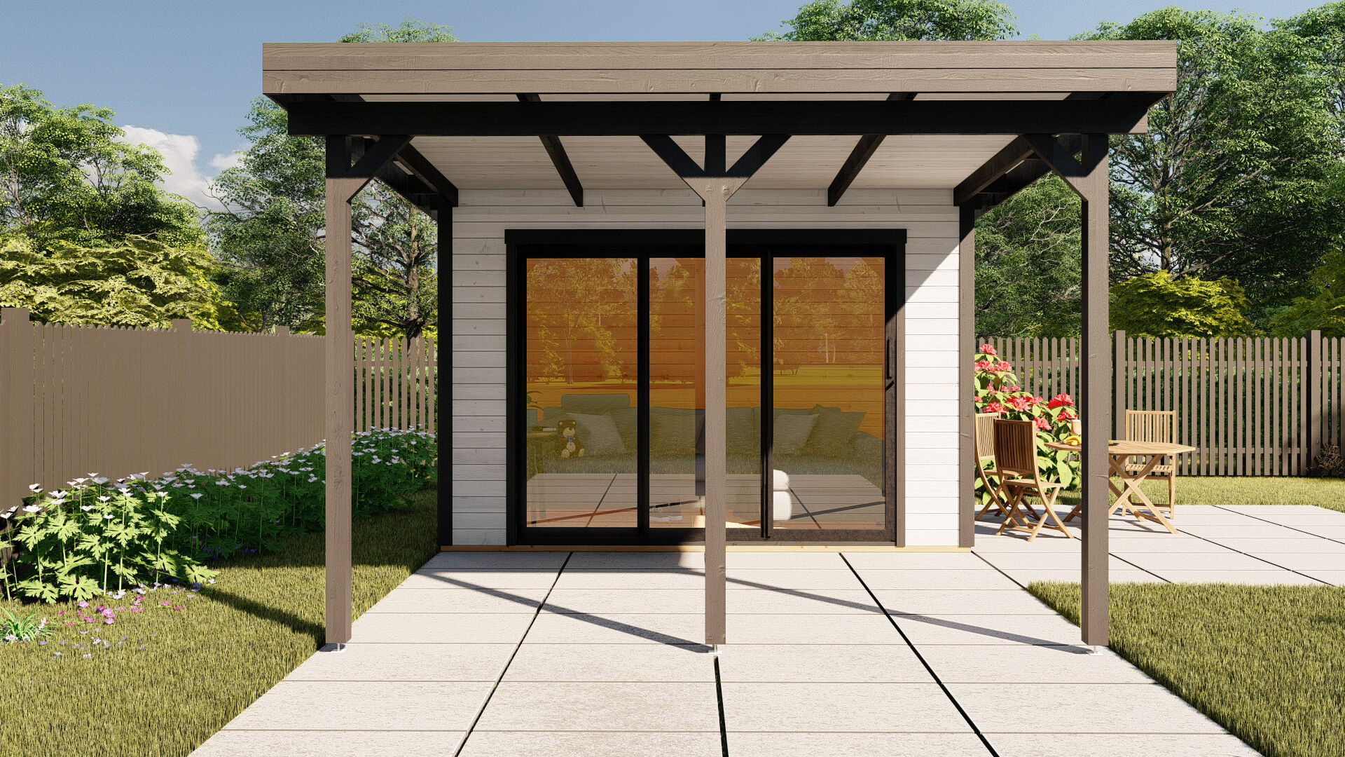 Flachdach Gartenhaus modern Sydney 50 mit Terrasse und Schiebetür