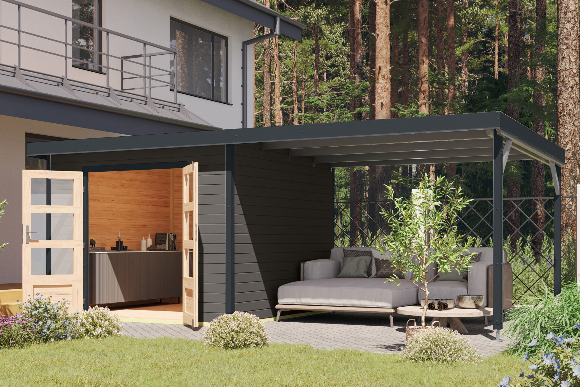 Karibu Pultdach Holz & Metall Gartenhaus Pluto 6 Set mit Anbaudach 3,07 m, naturbelassen / graualuminium