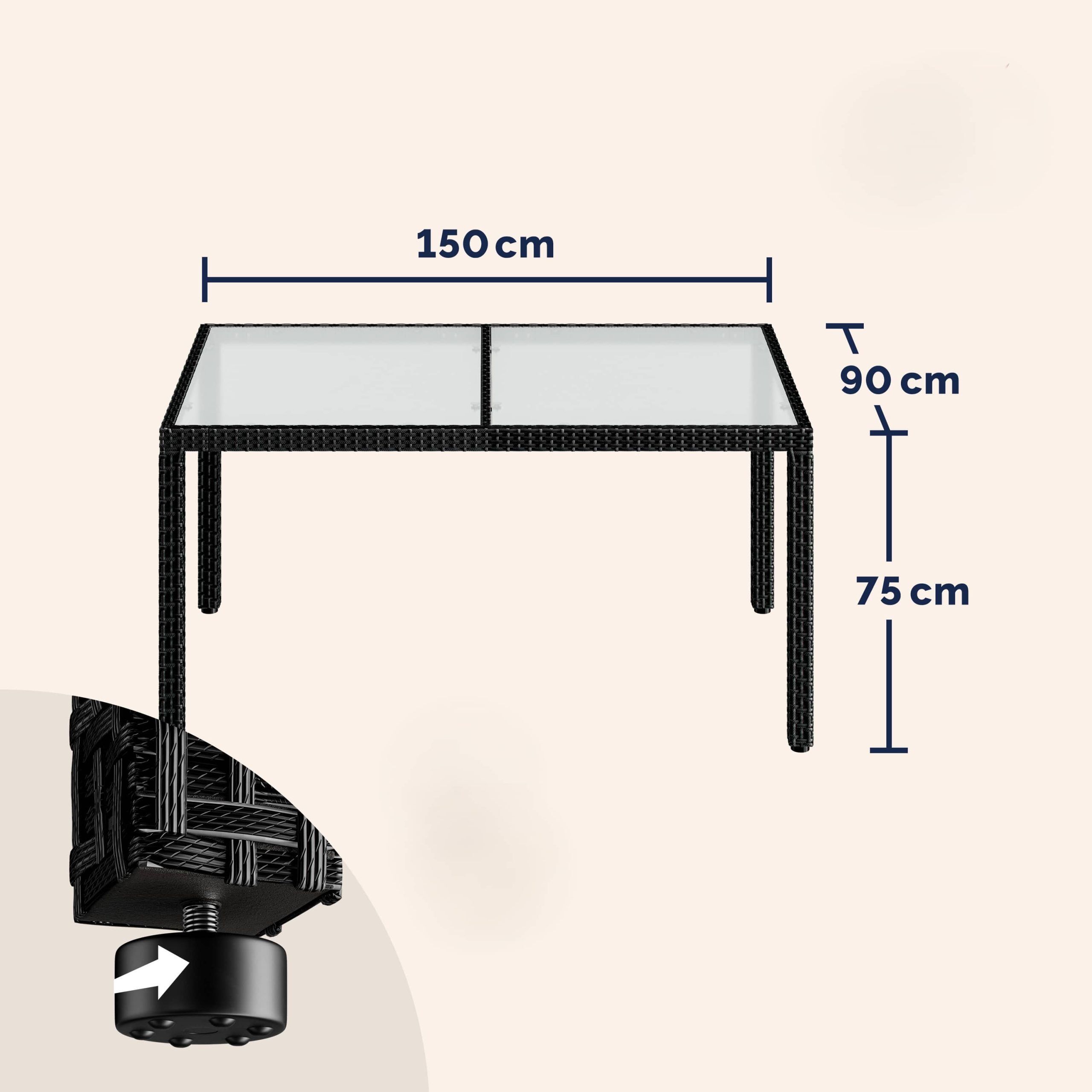 Polyrattan Gartentisch Schwarz 150x90x75cm Glas