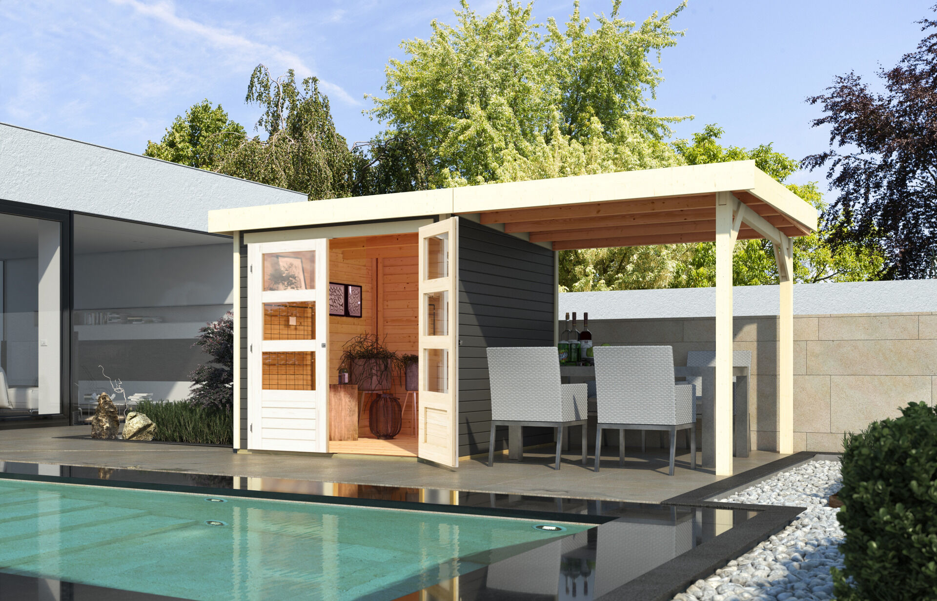 Karibu Gartenhaus Askola 2 SET – mit Anbaudach 2,4 m Breite, naturbelassen