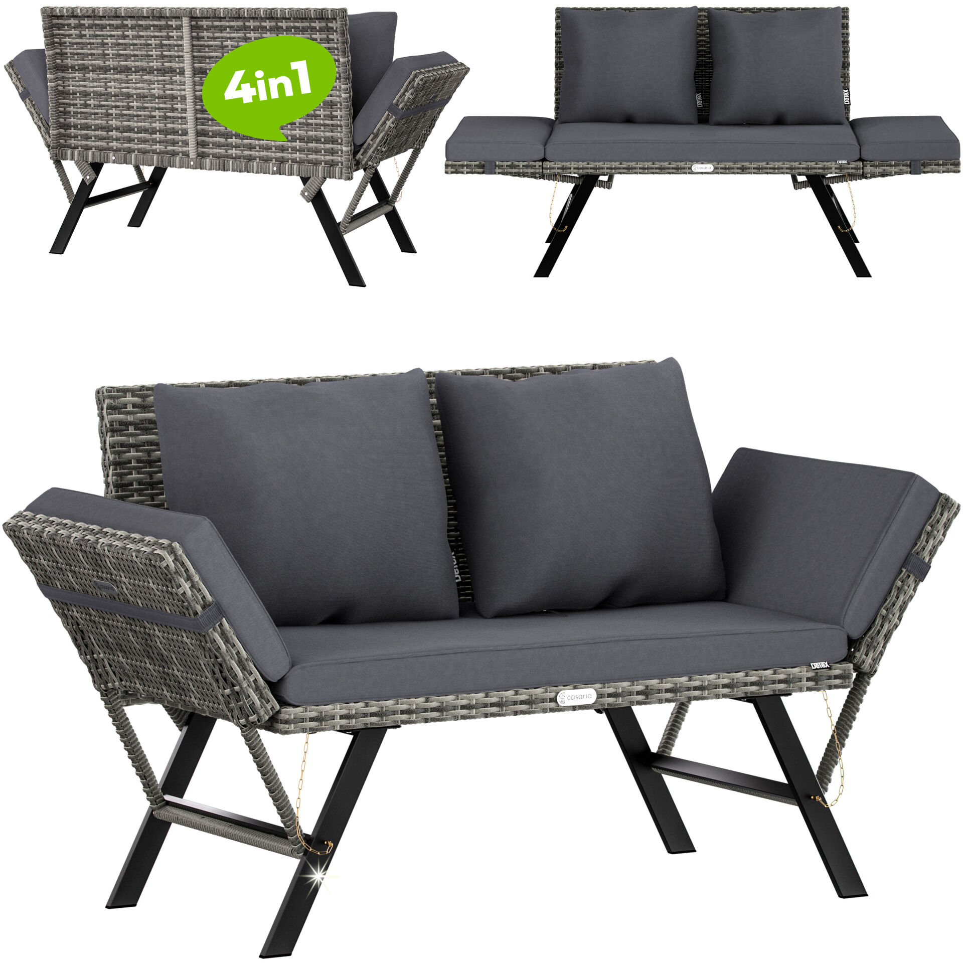 Gartenbank 2in1 Sonnenliege Polyrattan Grau mit 5-7cm Auflage 3 Sitzer