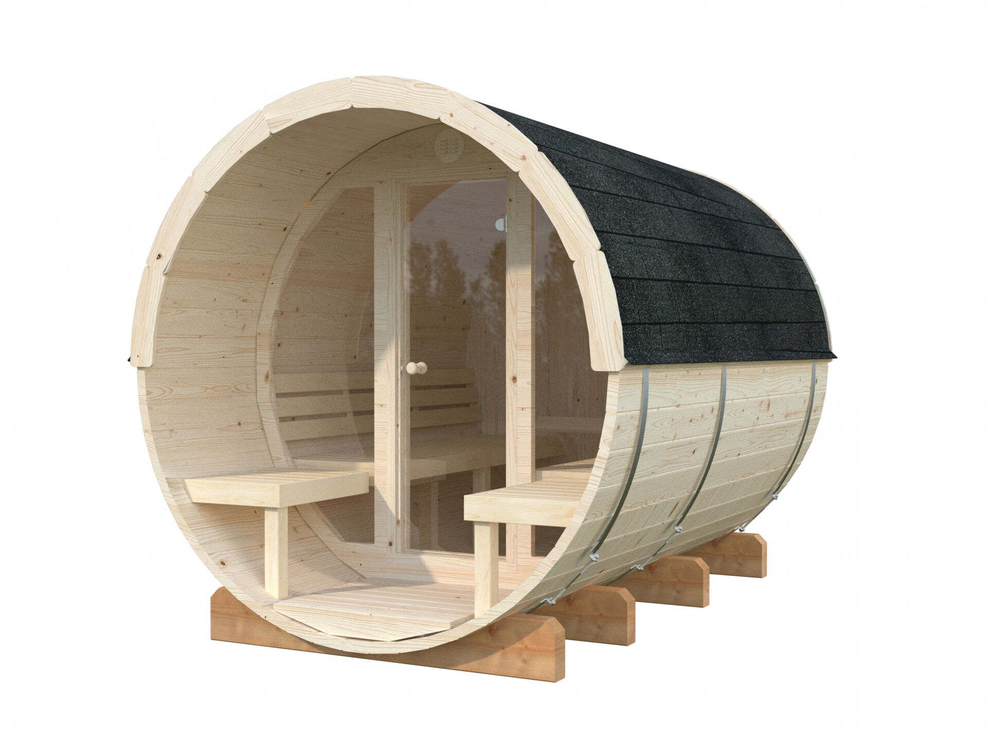 Palmako Saunafass Anita 1,6+0,7 m² mit Glasfront und 2 Außenbänken, naturbelassen, freigestellt