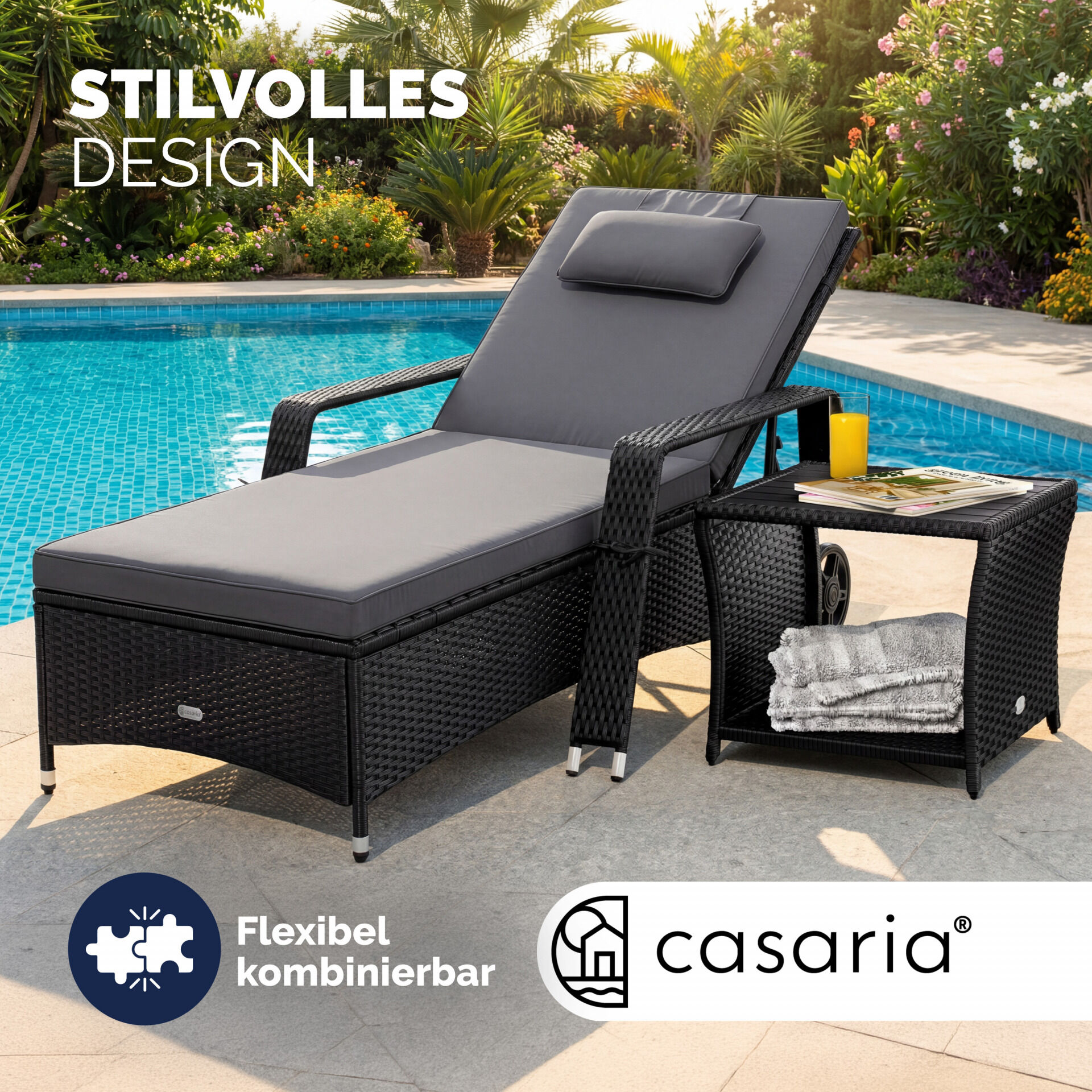 Polyrattan Gartenliege Schwarz/Anthrazit 193x90x43cm