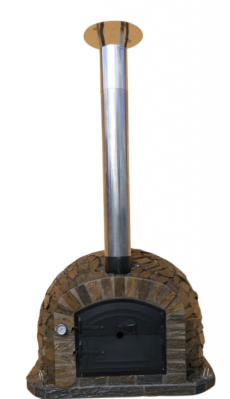 Pizzaofen Lisboa Pietra 100 inkl. Kaminrohr und Regenhut aus Feueraluminium, braun, ohne Abdeckhaube, Pizzaschaufel rund 19cm Holzstiel 1m, ohne Zubehörset, ohne Grillzubehör, ohne fahrbares Gestell