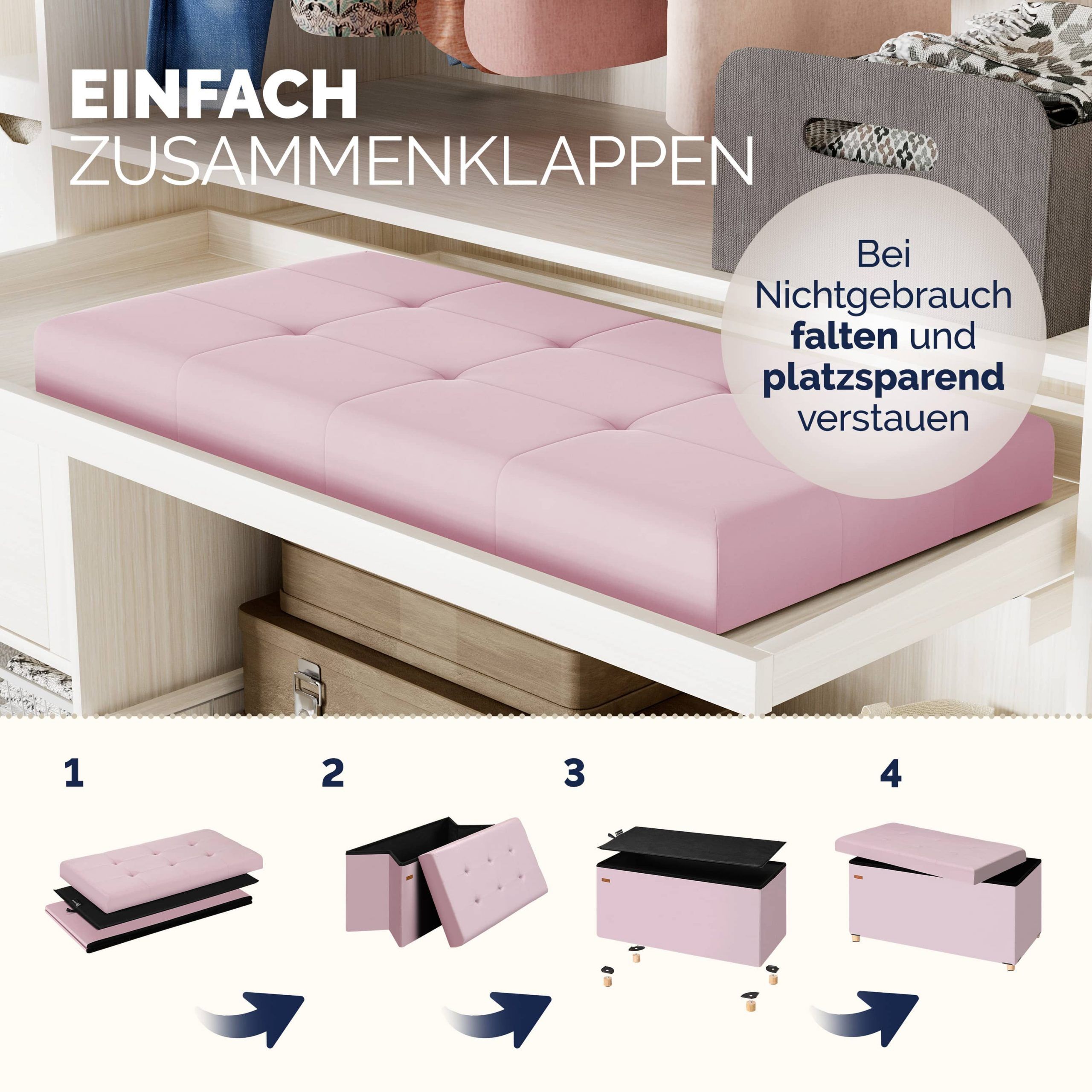 Sitzbank Rosa Samt 76x38x42cm mit Stauraum faltbar