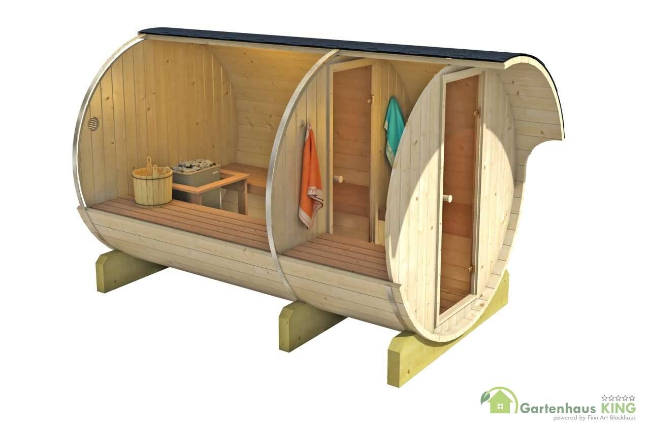 Finn Art Fass-Sauna Kari Innenansicht mit Elektroofen, Wasserkübel und Aufgusskelle