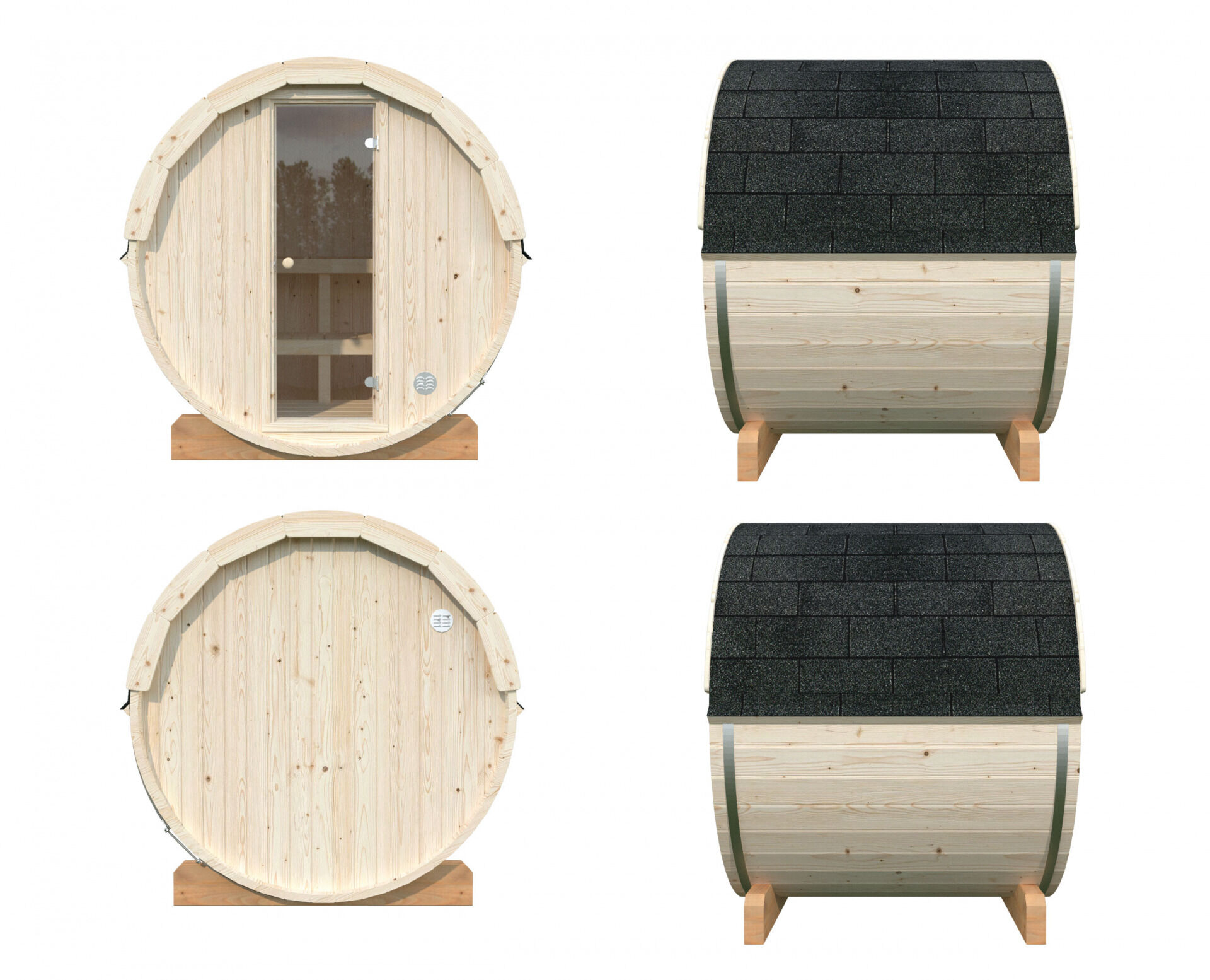 Palmako Saunafass Anita 0,9 m² Ansichten von Vorne, Seiten und Hinten
