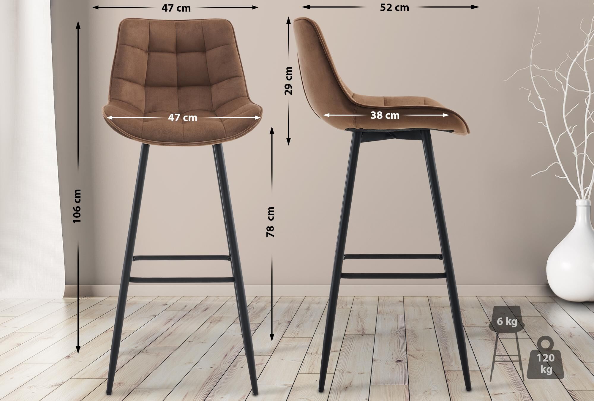 2er Set Barhocker Dartford Samt, braun