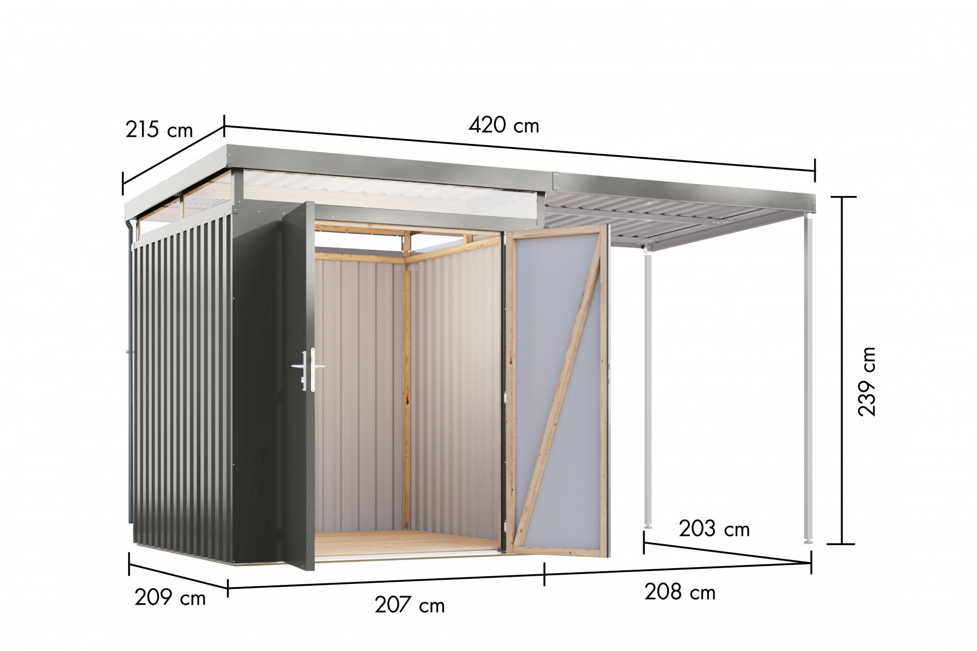 Karibu Flachdach Metall Gartenhaus Aurum 2 Set mit Anbaudach 2m, graualuminium