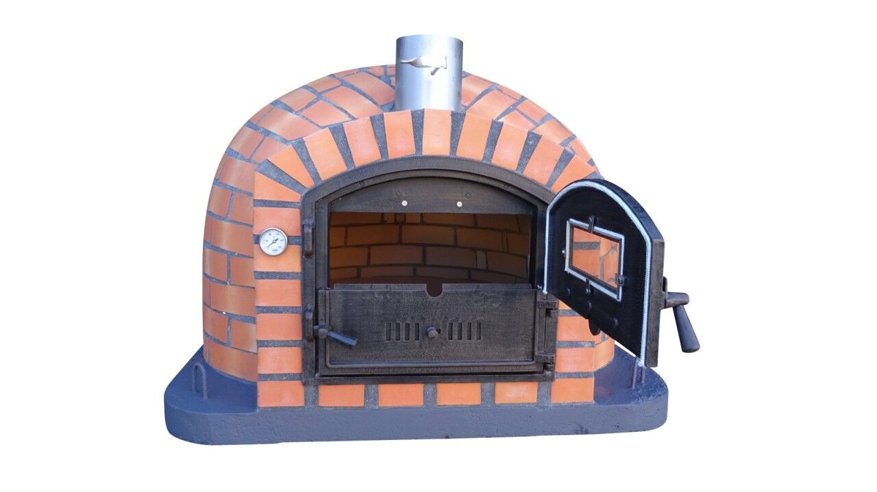 Traditioneller Backofen Luca AL 110 inkl. Kaminrohr und Regenhut aus Edelstahl, terracotta, ohne Abdeckhaube, ohne Ofenzubehör, ohne Zubehörset, ohne Grillzubehör, fahrbares Gestell schwarz
