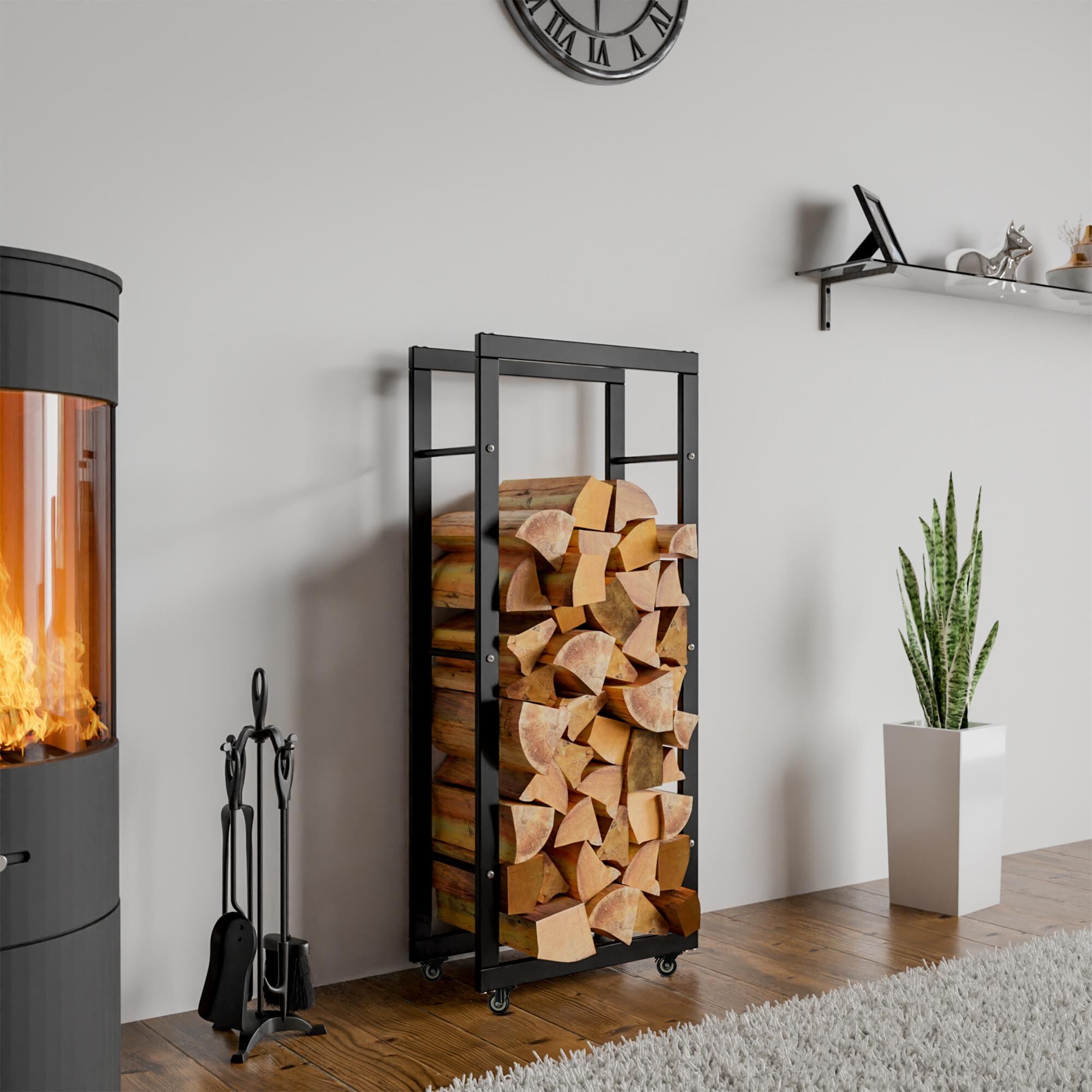 Kaminholzständer Keri mit Rollen 25x40x125, schwarz