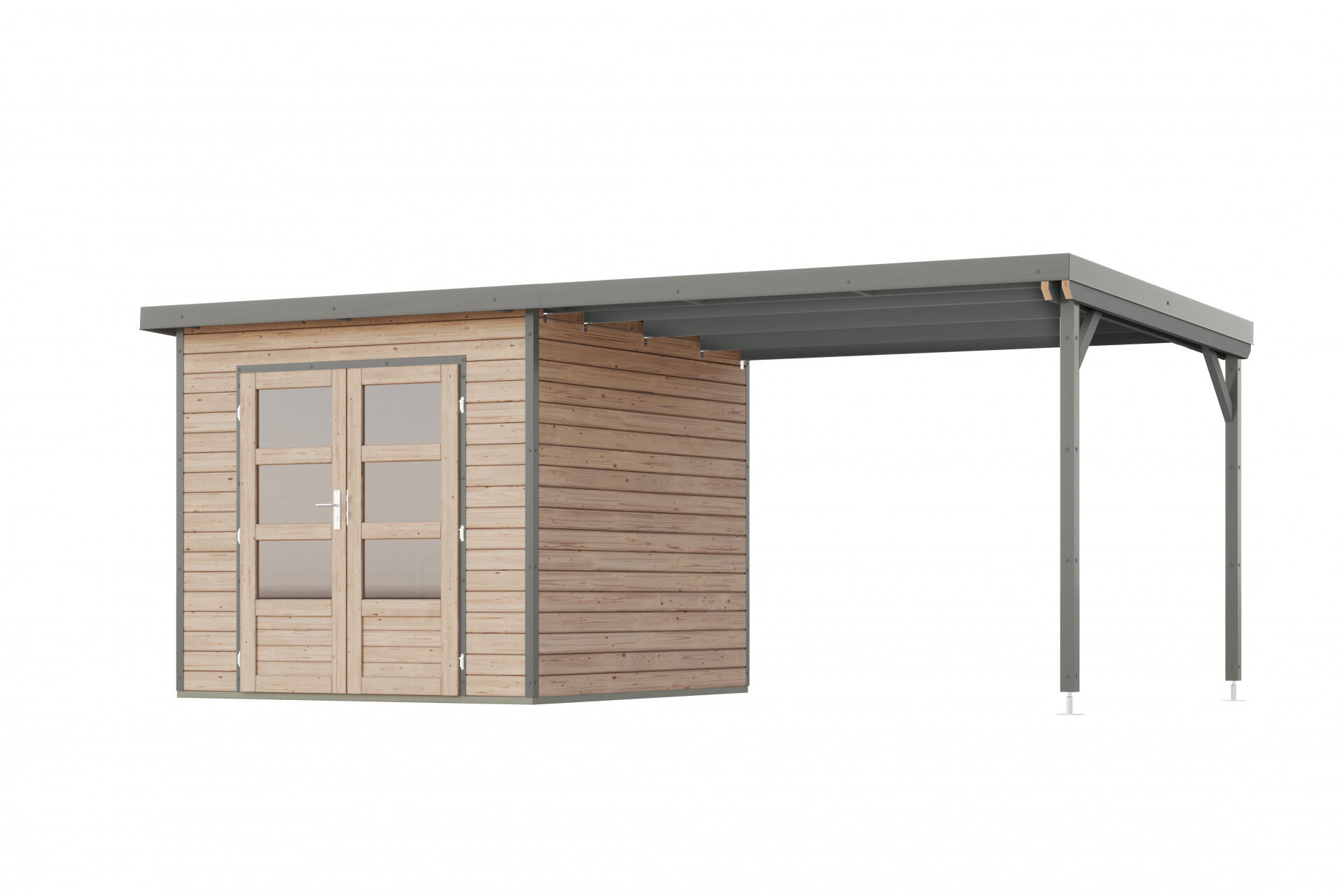 Karibu Pultdach Holz & Metall Gartenhaus Pluto 3 Set mit Anbaudach 3,07 m, naturbelassen / graualuminium