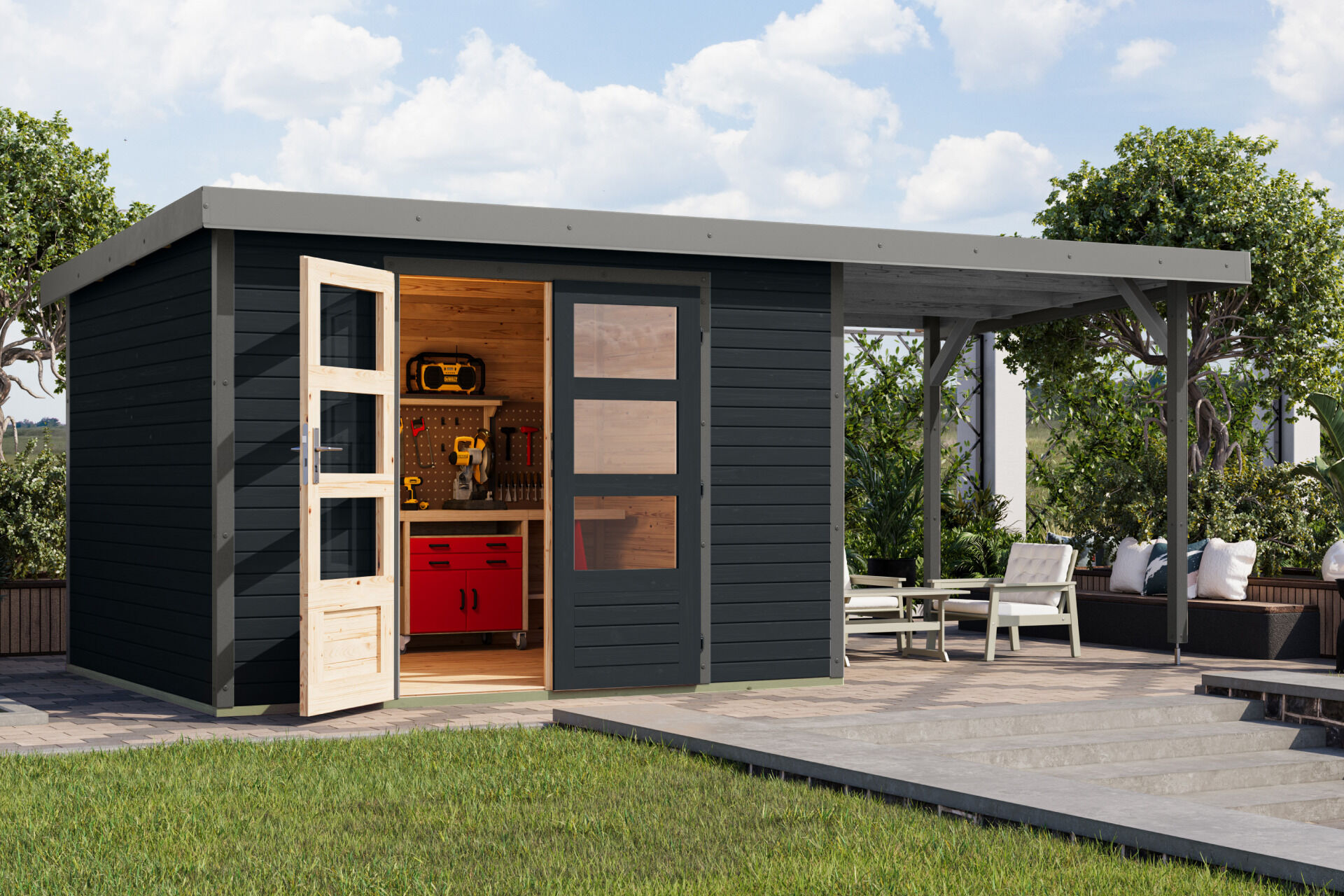 Karibu Pultdach Holz & Metall Gartenhaus Jupiter 5 Set mit Anbaudach 2,35 m, naturbelassen / graualuminium