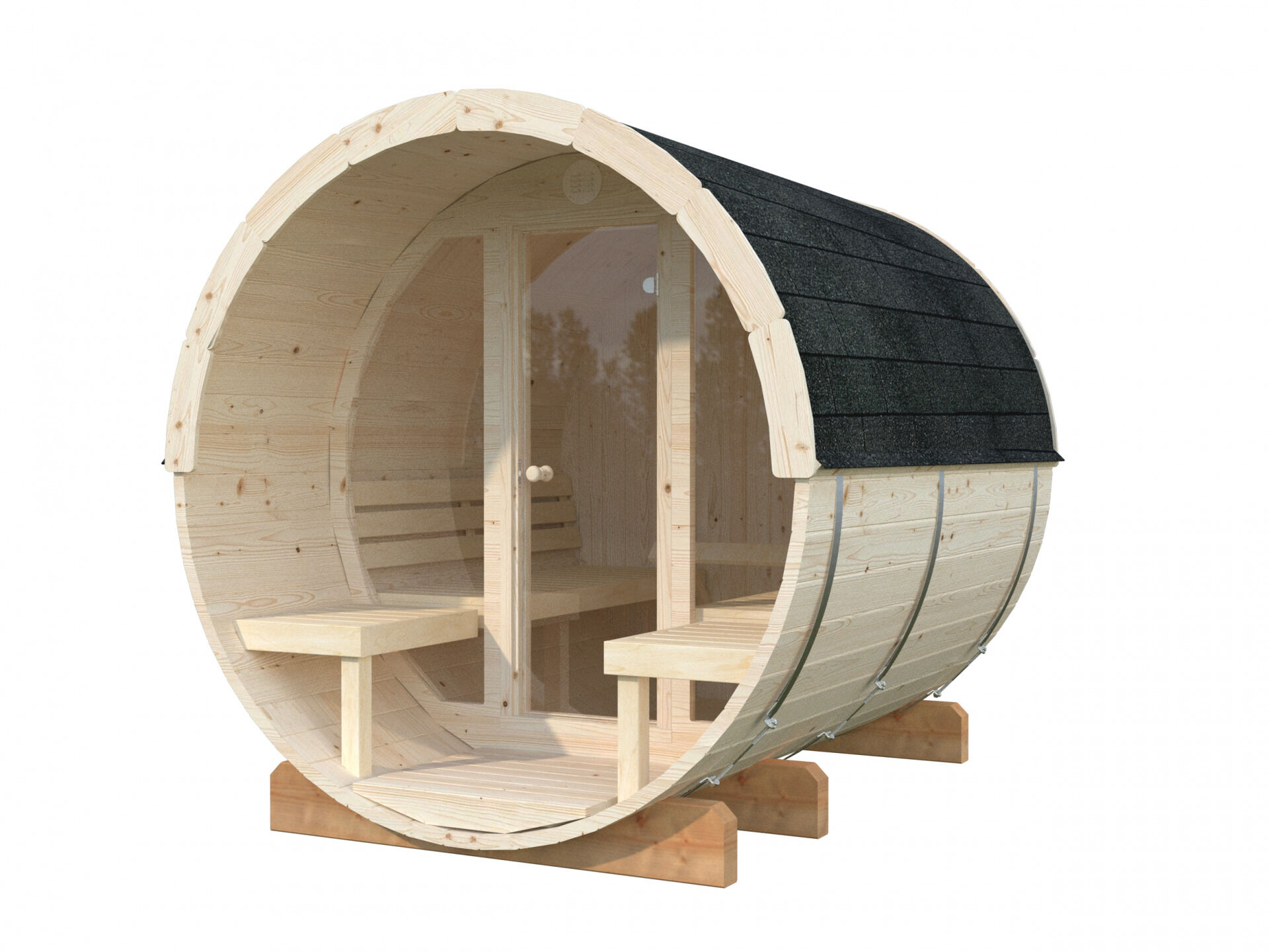 Palmako Saunafass Anita 1,3+0,7 m² mit Glasfront und 2 Außenbänken, naturbelassen, freigestellt