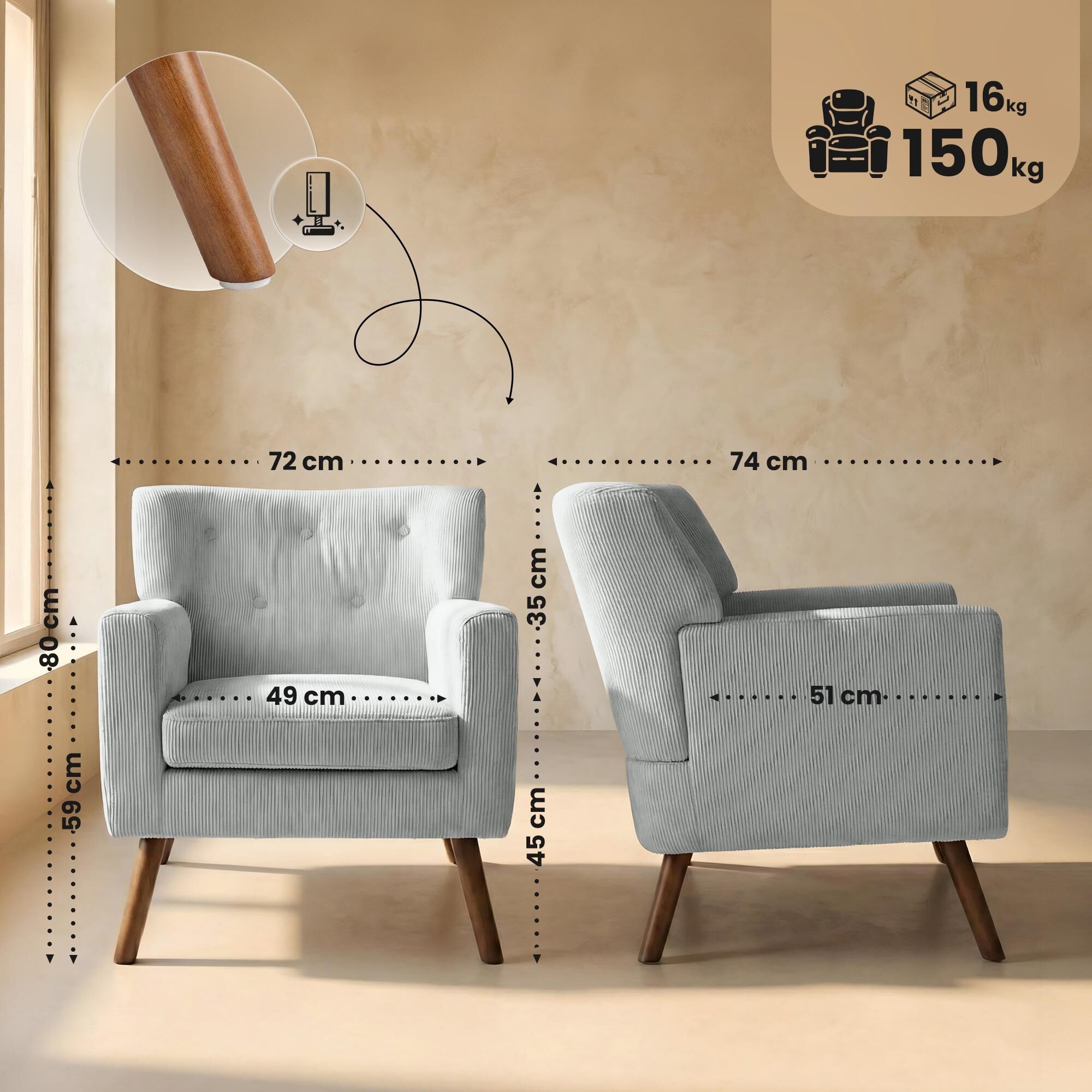 Sessel Kioni Cord, grau