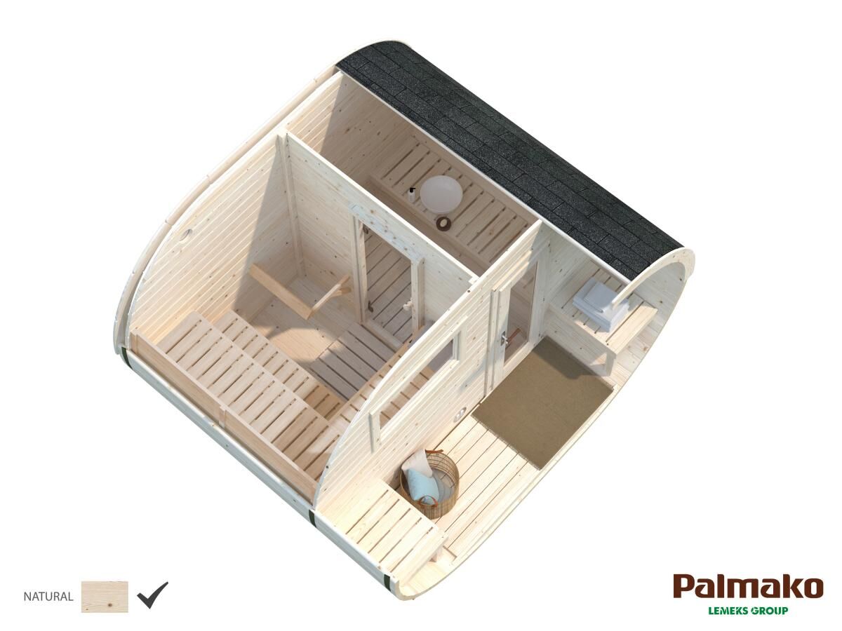 Palmako Fasssauna Anette 3,0+1,5 m² Innenansicht Saunabereich und Vorraum