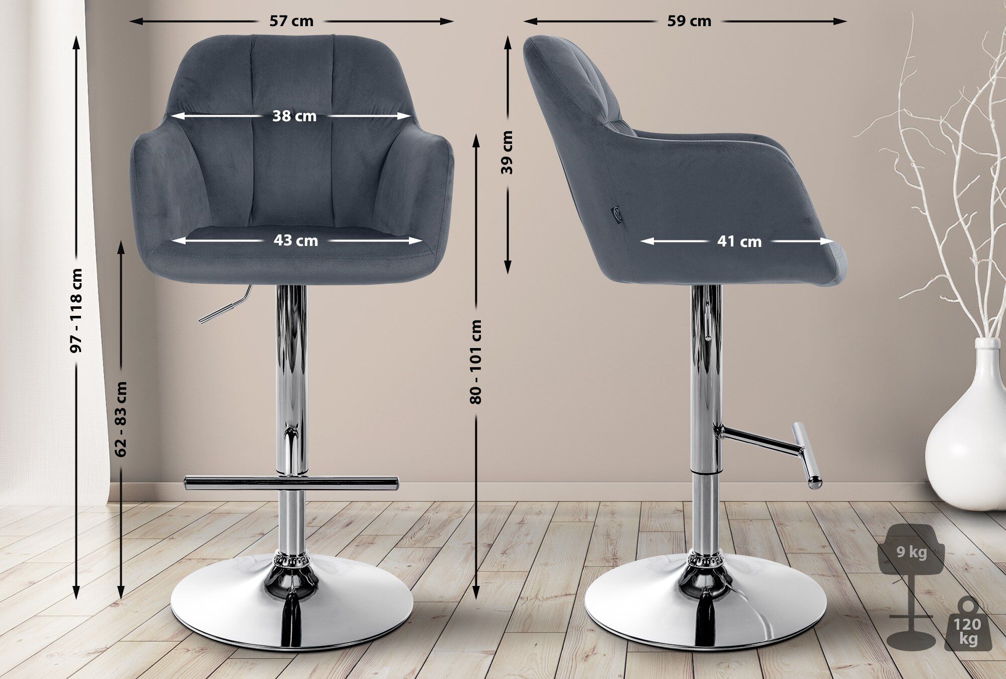 Barhocker Natoma Samt chrom, dunkelgrau
