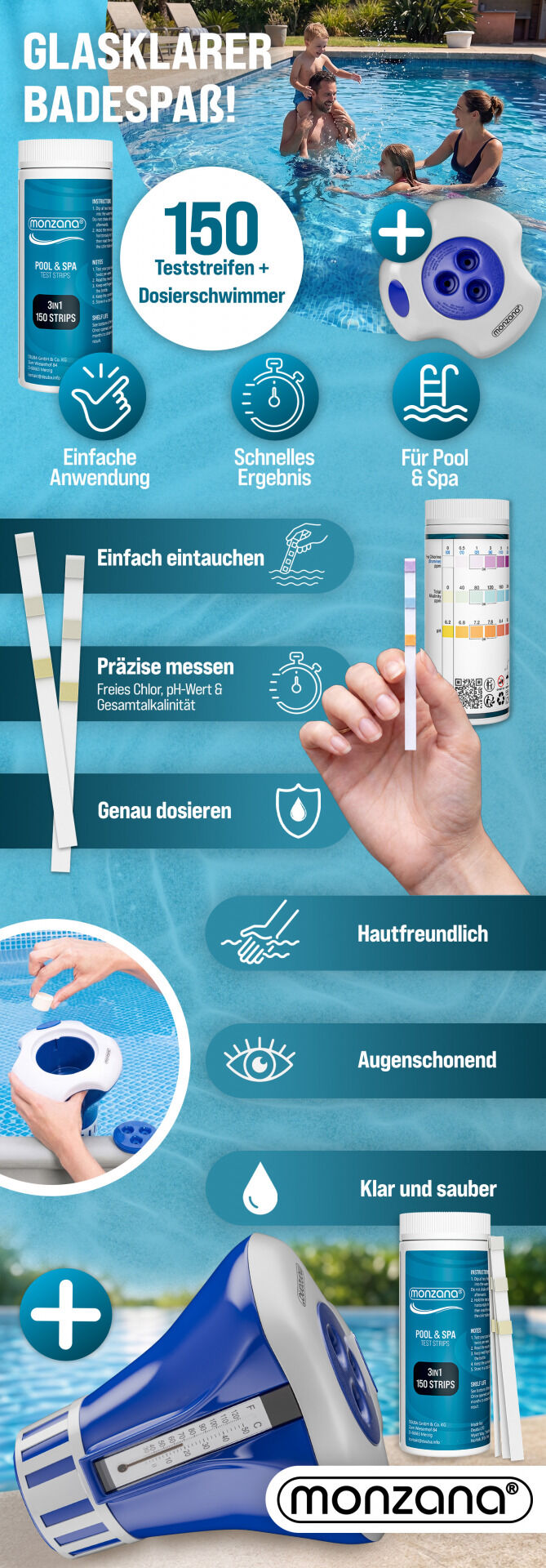 Dosierschwimmer Pool für 20-200g Tabletten inklusive 150 3in1 Teststreifen UV-Resistent Chlor Schwimmer mit Thermometer