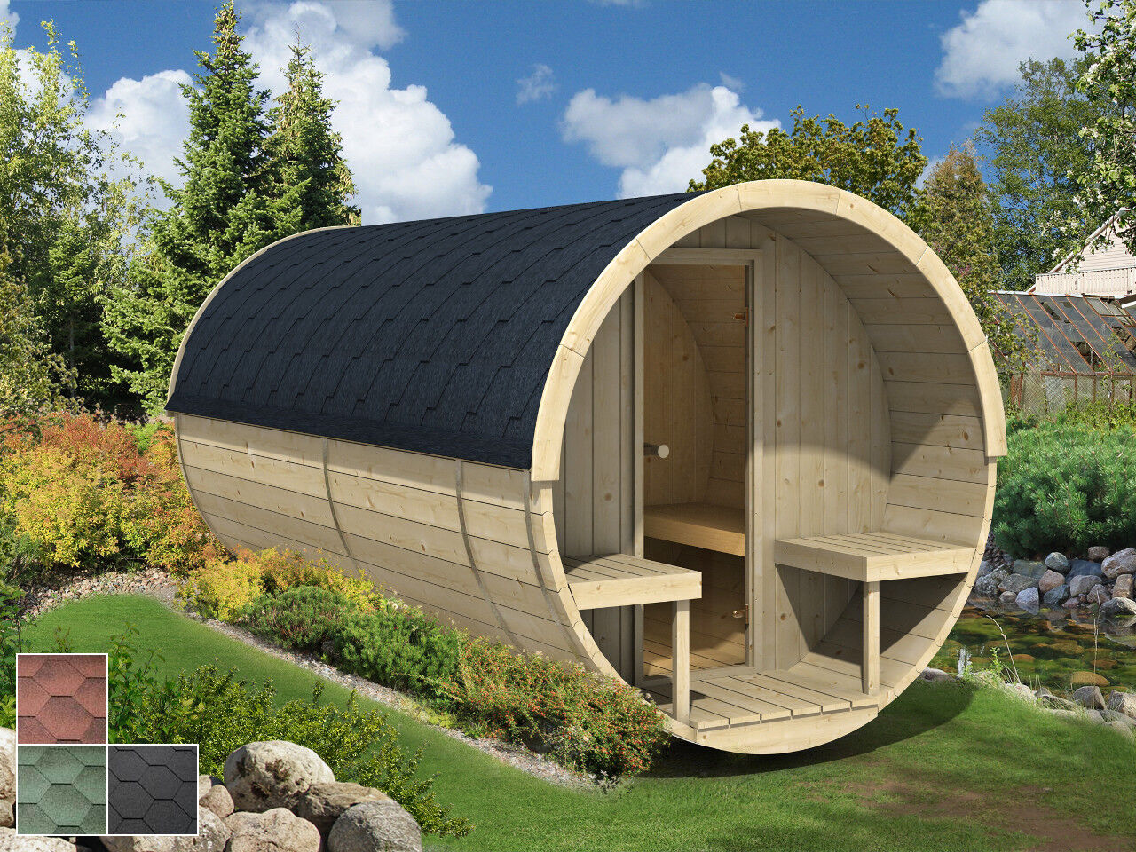 Finn Art Fass-Sauna Jori mit Glastür und Terrasse im Garten