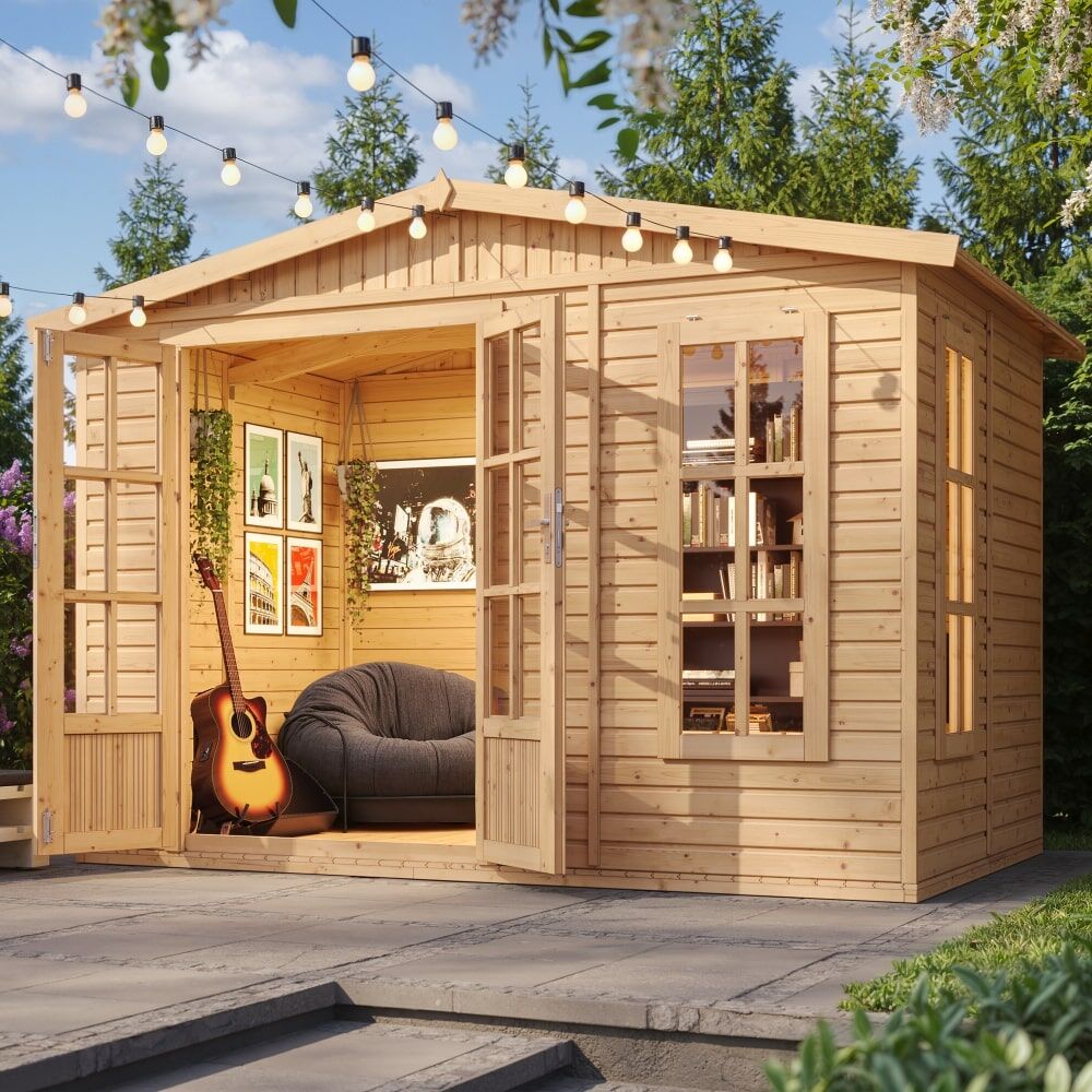 Gartenhaus Karl M334FB frontale Ansicht mit Ambiente