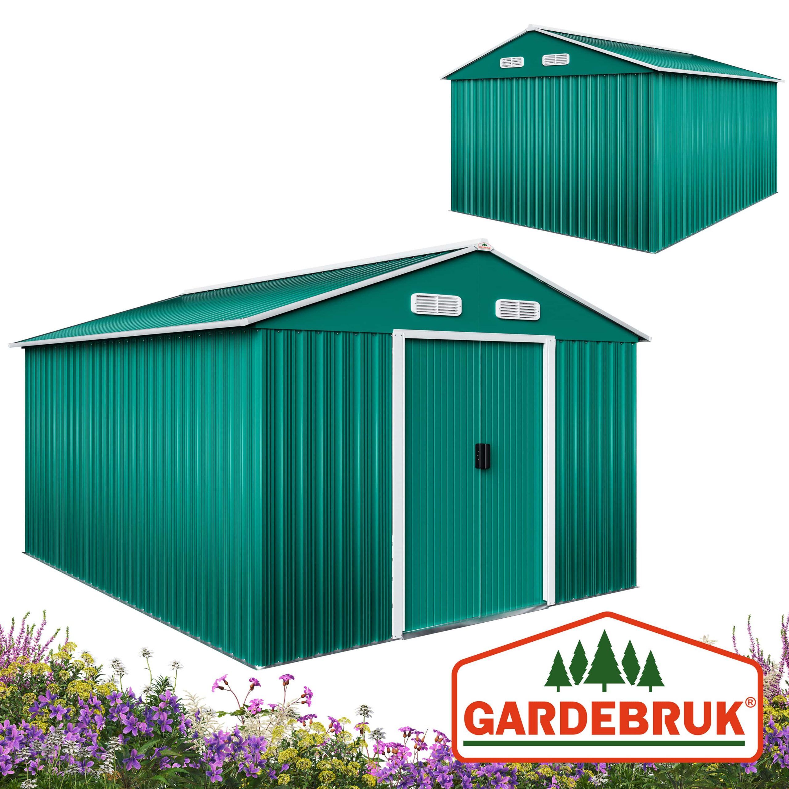 Geräteschuppen Grün 260x315x180cm Metall 15m³ Stauraum verzinkter Bodenkranz