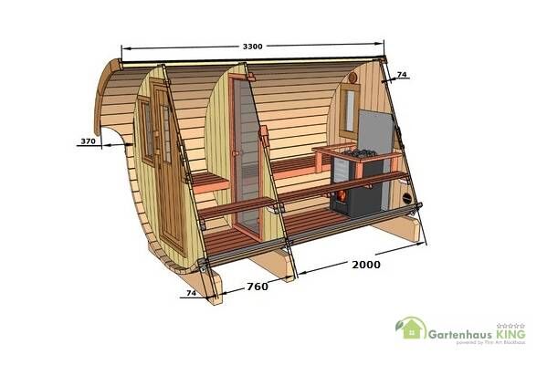 Zeichnung Finn Art Fass-Sauna Kari Innenansicht, bemaßt