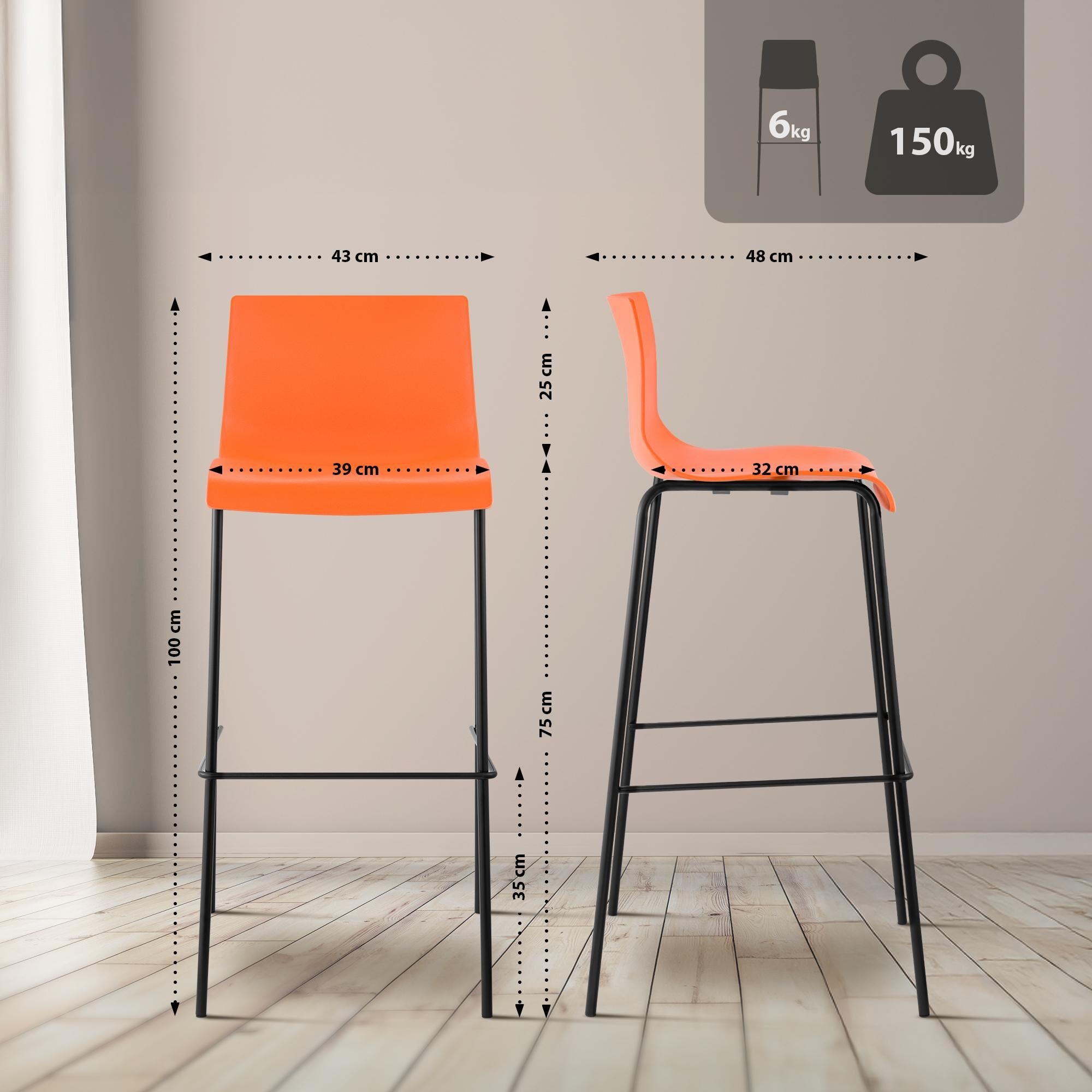 2er Set Barhocker Hoover Kunststoff 4-Fuß Gestell schwarz, orange