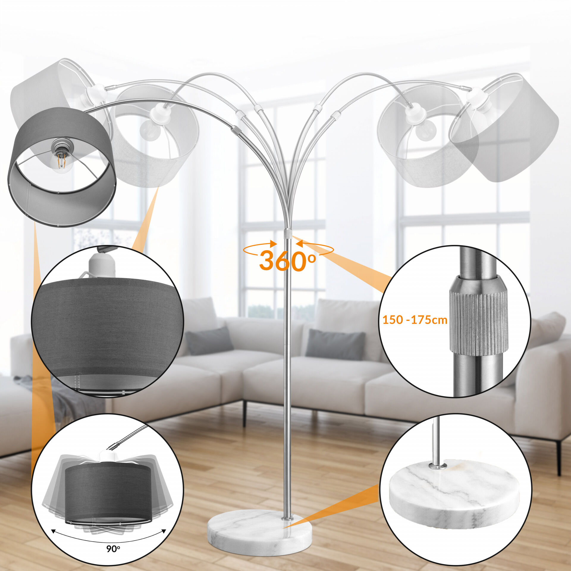 Design Bogenlampe Grau 150-175cm verstellbar